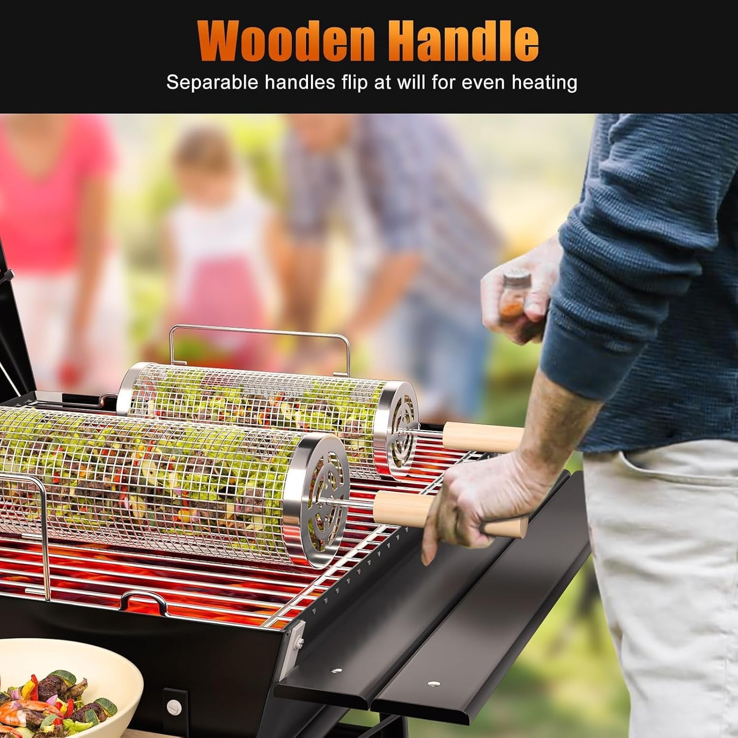 Rolling Grilling Baskets for Outdoor Grill, 2 Pcs BBQ Grill Basket, Stainless Steel Barbeque Grill Accessories Set, Camping Picnic Cooking Tools for Vegetable/Shrimp/Chicken, Gifts for Men Dad Husband