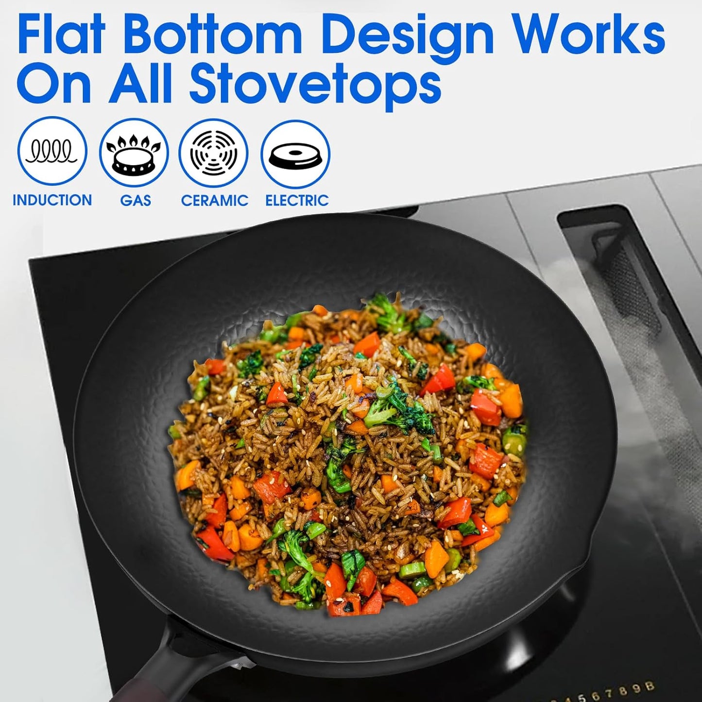 13.4 Inch Carbon Steel Wok for Electric, Induction and Gas Stoves (Lid, Spatula and User Guide Video Included)
