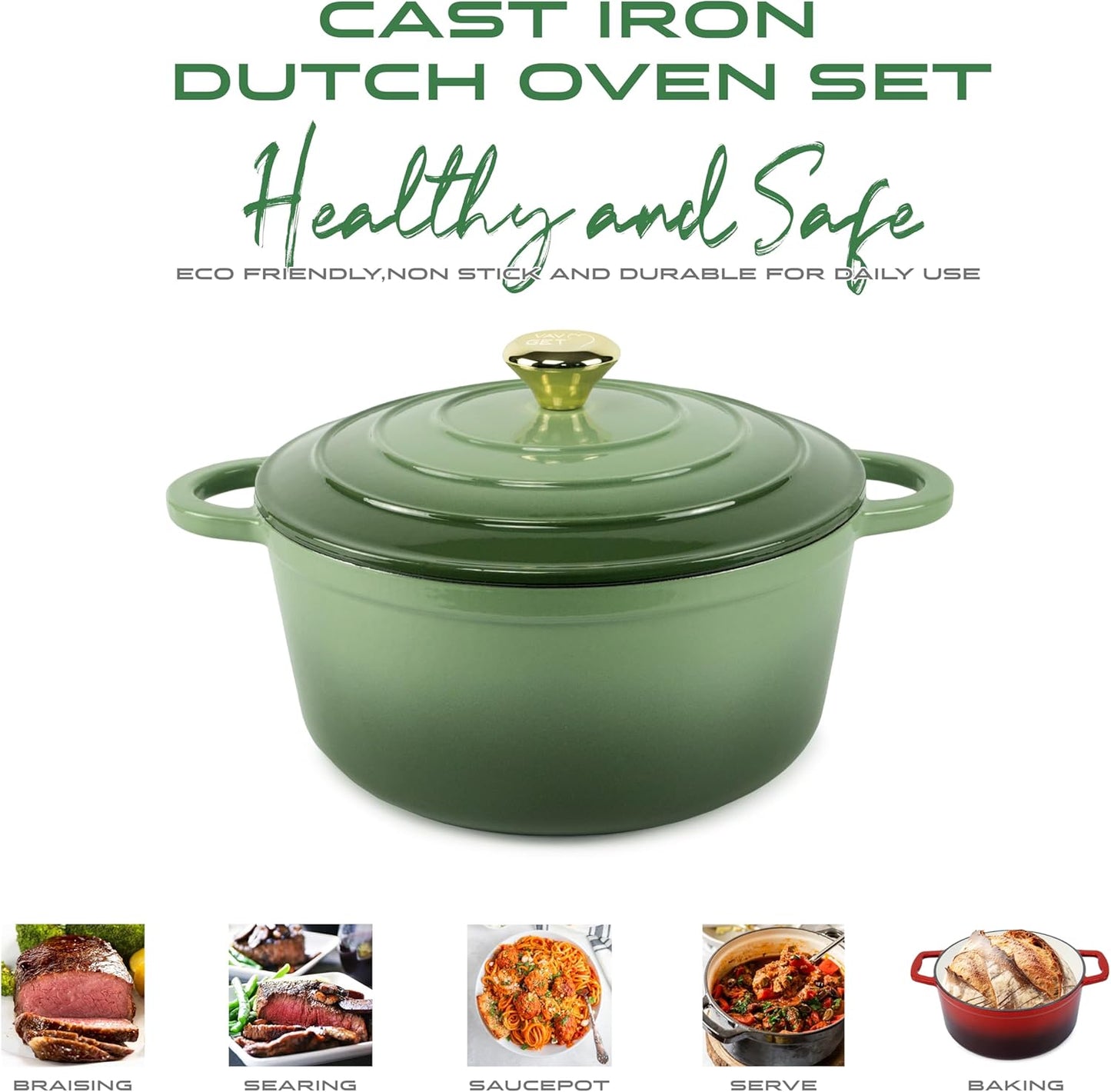Healthy and Safe, Non-Stick Enameled 7-PCS SET of Cast Iron Dutch Oven Cookwares. Set Includes: 24Cm Dutch Oven Fry Pan, 18Cm, 21Cm, 24Cm Dutch Oven Cookwares with Lids, Gloves and Mills.