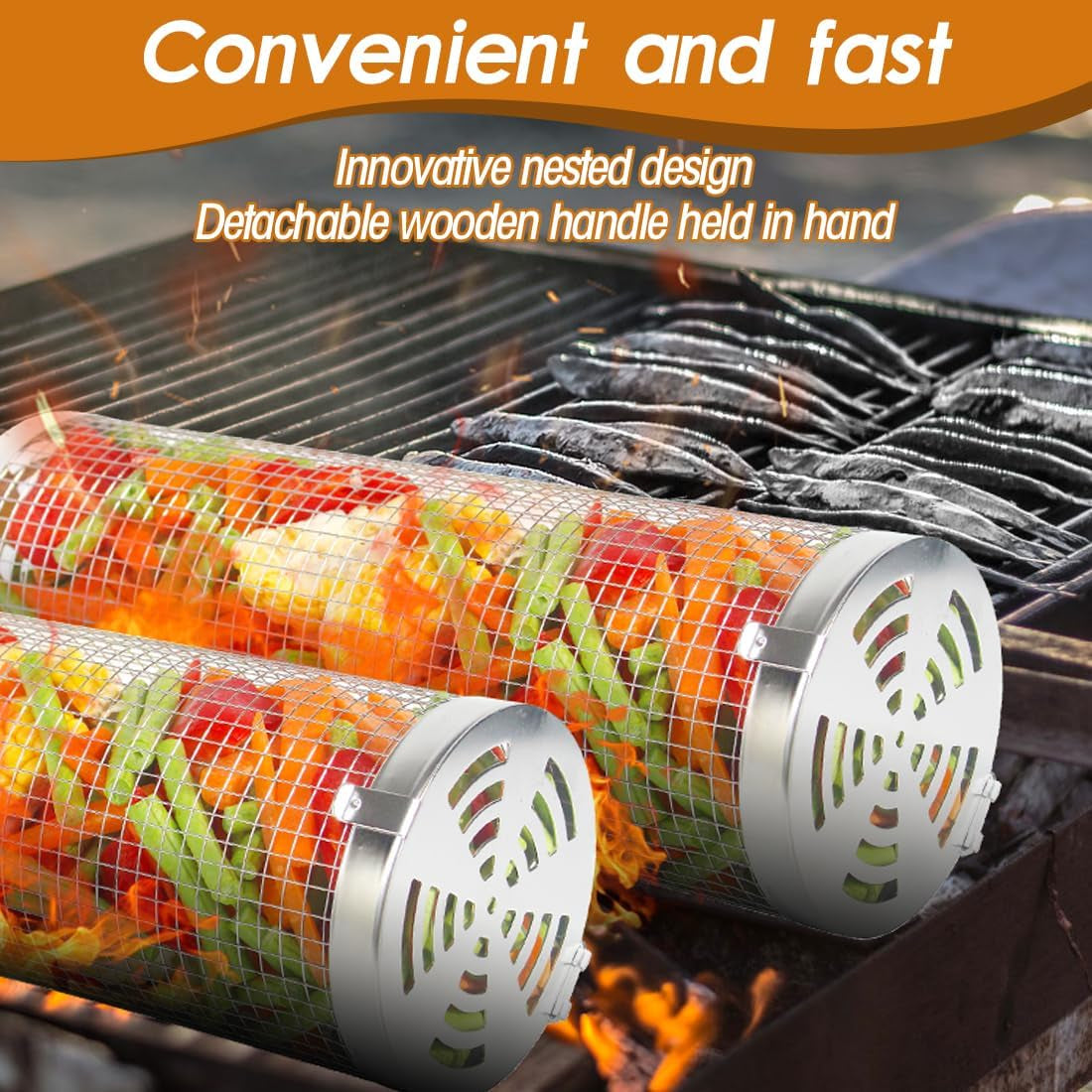 Rolling Grilling Baskets 2 PCS, Stainless Steel BBQ Net Tube Baskets with Oil Sprayer BBQ Accessories Tools for Vegetable Fish Meat Food Camping, Gifts for Men Dad and Husband