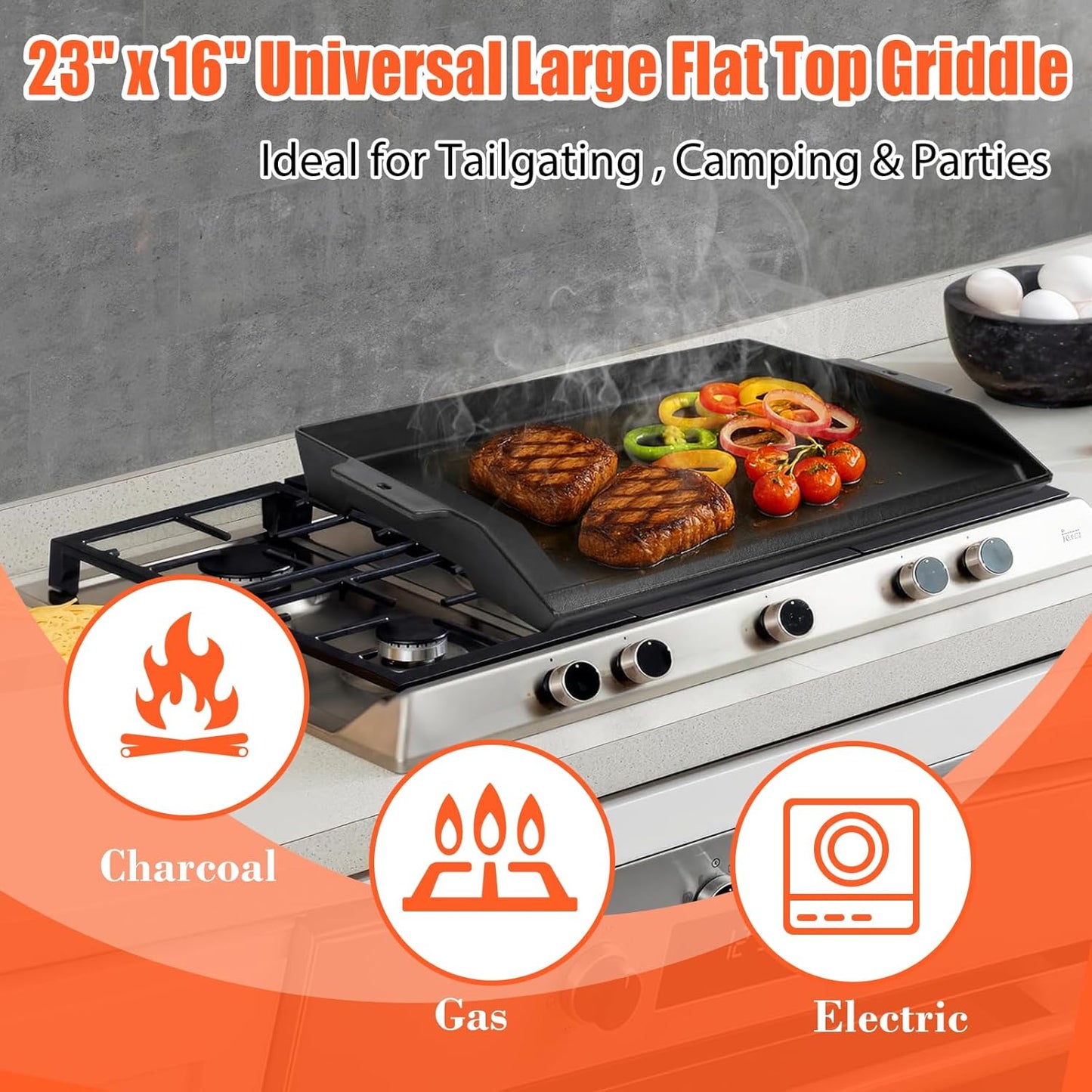 Universal Cast Iron Cooking Griddle 23" X 16", Nonstick Cast Iron Griddle Flat Top, Grill Plate with Extra High Sidewalls and Deep Grease Groove for Gas Grills and 4-5 Burner Range Oven