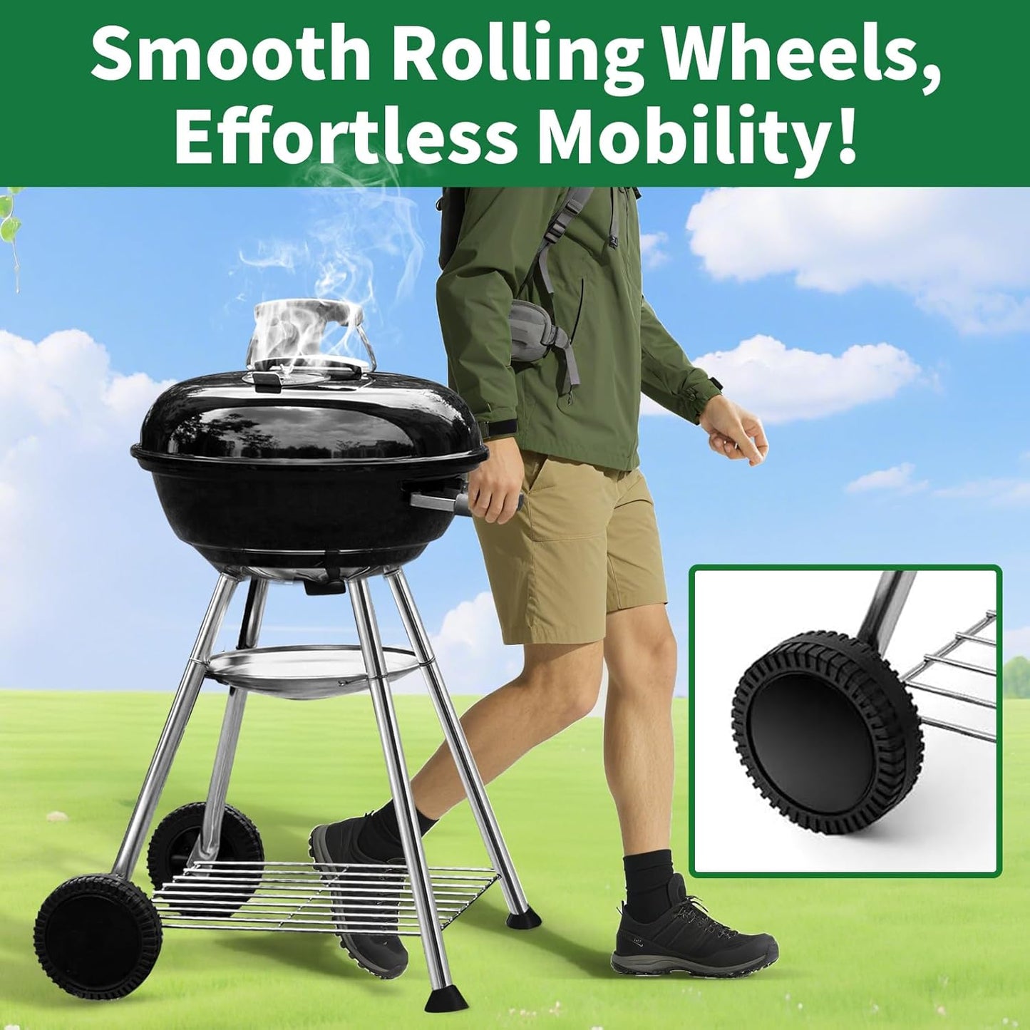 BEAU JARDIN 18 Inch BBQ Charcoal Grill for Outdoor Cooking Portable Smoker Camping Barbecue Coal Kettle Heat Preservation Dual Venting System Heavy Duty with Thickened Wheels for Small Patio Backyard