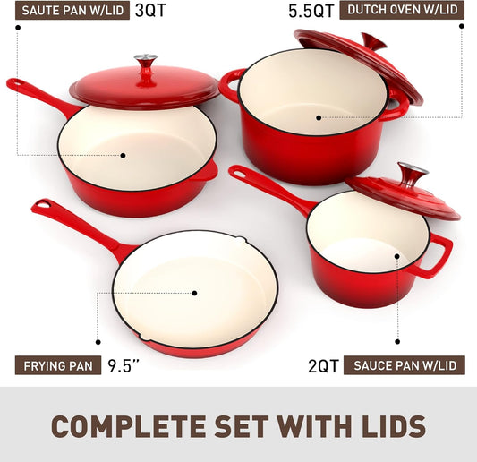 MAISON ARTS Enamel Cast Iron 7 Piece Cookware Set, Heavy Duty Dutch Ovens Pot with Lid, Red Non Stick Pots and Pans Sets, Oven Safe up to 500°F
