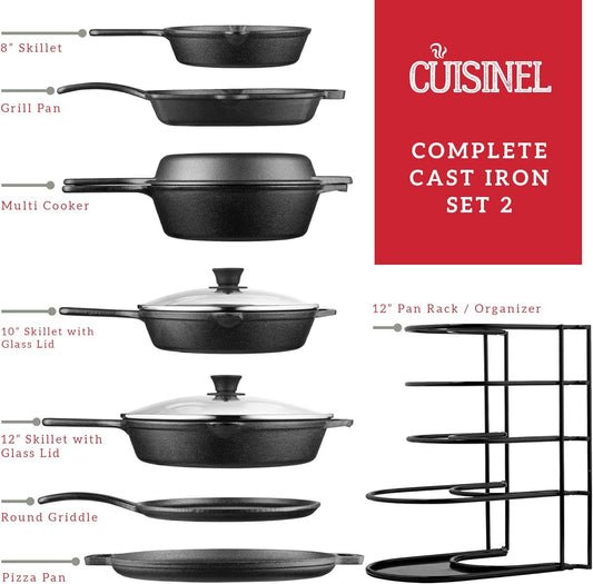 Cast Iron Cookware Set - 17-Piece Pre-Seasoned Kit - 8" Skillet + 10"+12" Skillets with Glass Lid + Grill Pan + Multi-Cooker/Dutch Oven + Flat Griddle + Pizza Pan + Pan Rack Organizer - Indoor/Outdoor