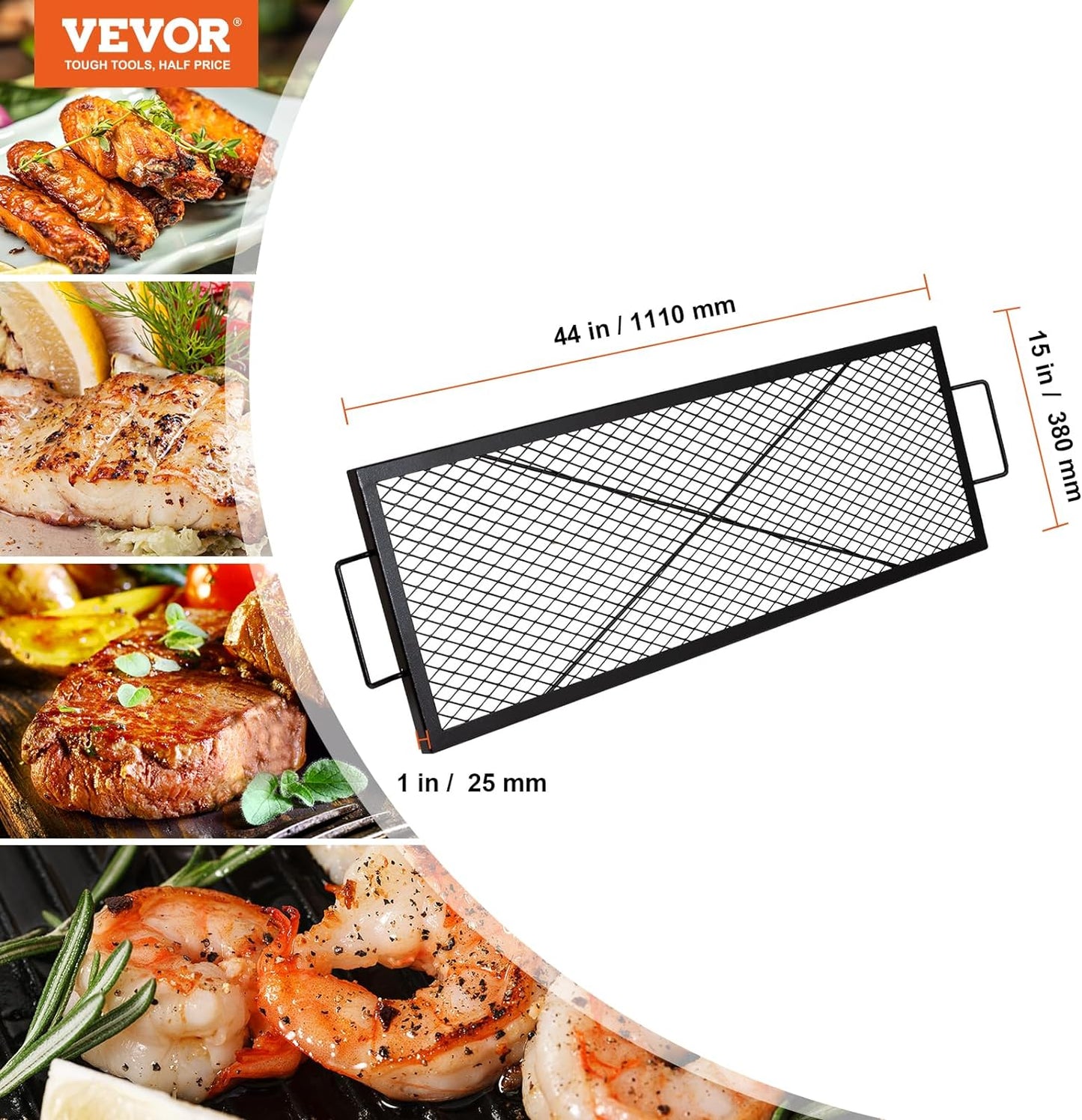 VEVOR X-Marks Fire Pit Grill Grate, Rectangle Cooking Grate, Heavy Duty Steel Campfire BBQ Grill Grid with Handle & Support X Wire, Portable Camping Cookware for outside Party Gathering, 44 Inch Black