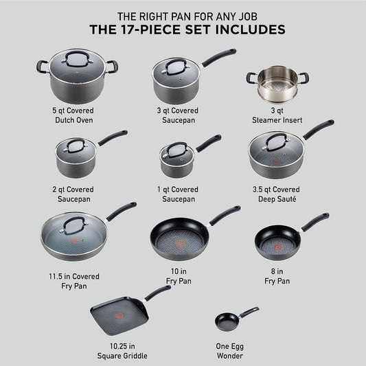 T-Fal Ultimate Hard Anodized Nonstick Cookware Set 17 Piece, Oven Broiler Safe 400F, Lid Safe 350F, Kitchen Cooking Set W/Fry Pans, Saucepans, Saute Pan, Griddle, Pots and Pans, Dishwasher Safe Black