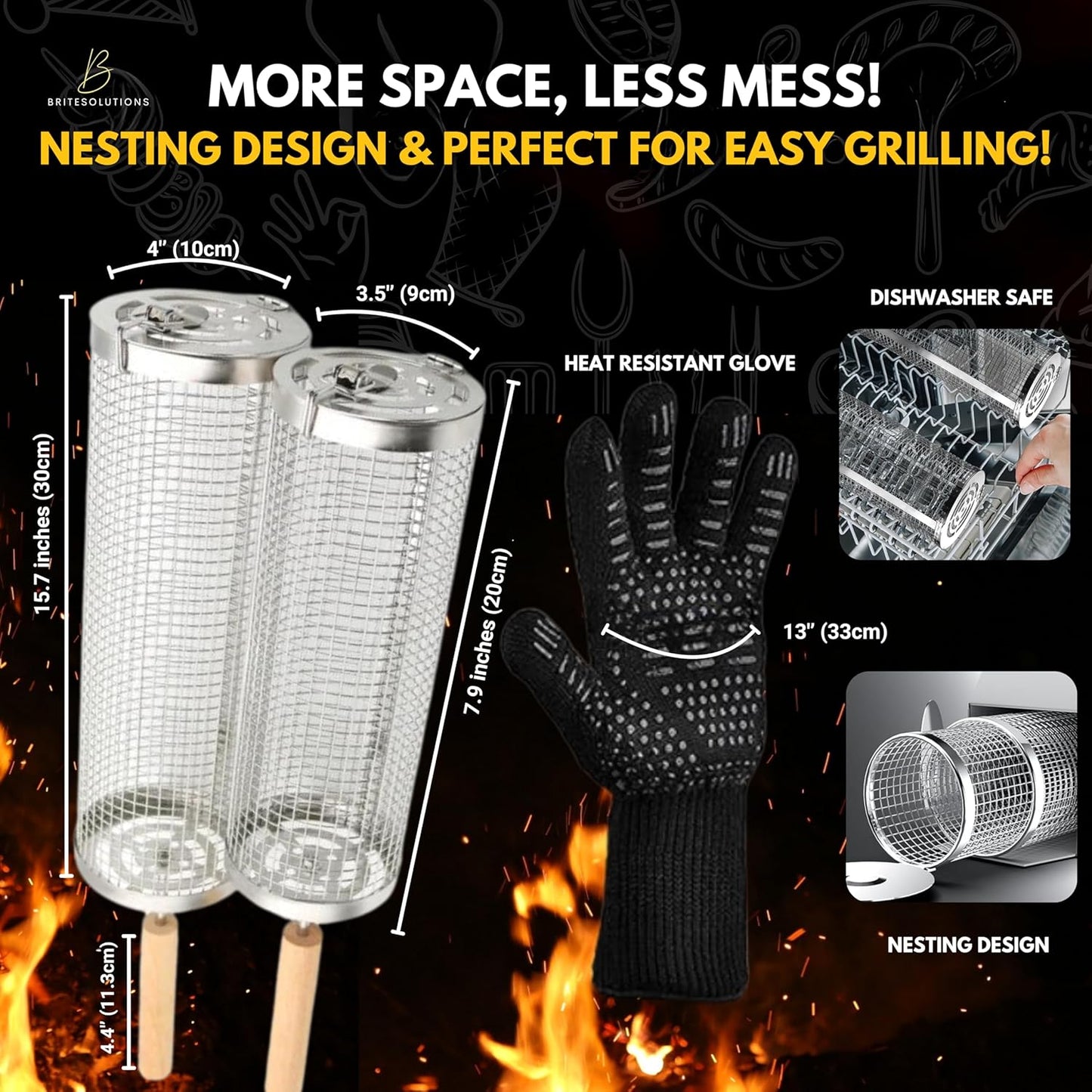 Lockable Nesting Grill Baskets for Outdoor Grill(2Pcs) - Detachable Handle - Hinge Lock Lid - Heavy Duty Stainless Steel Rolling Grilling Basket - Vegetable Grill Basket - Perfect BBQ Gift & Accessory