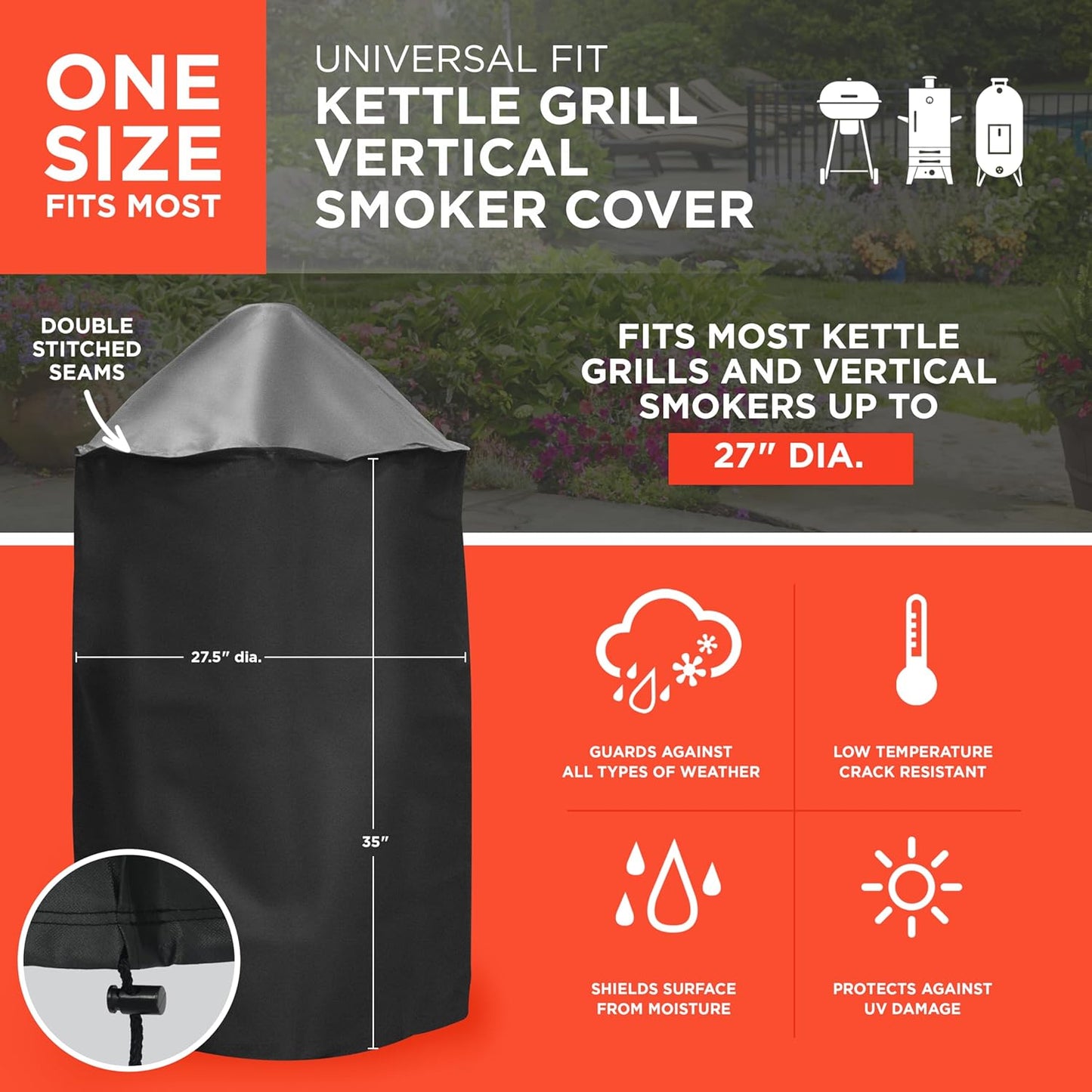 Mr. Bar-B-Q Universal Fit Kettle BBQ Grill & Smoker Cover, round Barbecue Grill Covers, Heavy Duty Waterproof Smoker Cover (27.5” Diameter X 35” Tall)