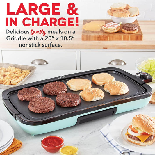 DASH Deluxe Everyday Electric Griddle with Dishwasher Safe Removable Nonstick Cooking Plate for Pancakes, Burgers, Eggs and More, Includes Drip Tray + Recipe Book, 20” X 10.5”, 1500-Watt - Aqua