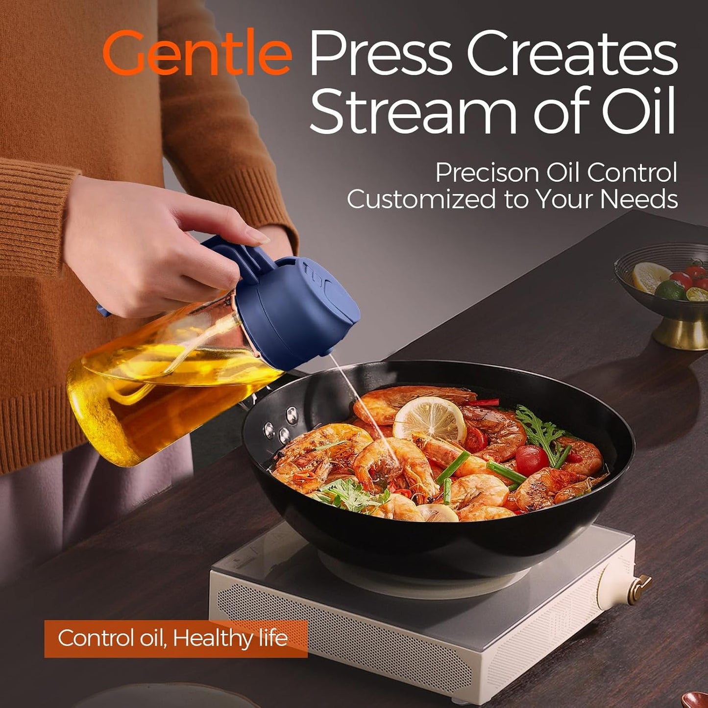YRRAMATE 16Oz/470Ml Glass Olive Oil Sprayer for Cooking with Stickers, 2 in 1 Oil Dispenser for Kitchen Gadgets, Food Grade Premium Spray Bottle with Portion Control for Salad, BBQ (Navy)