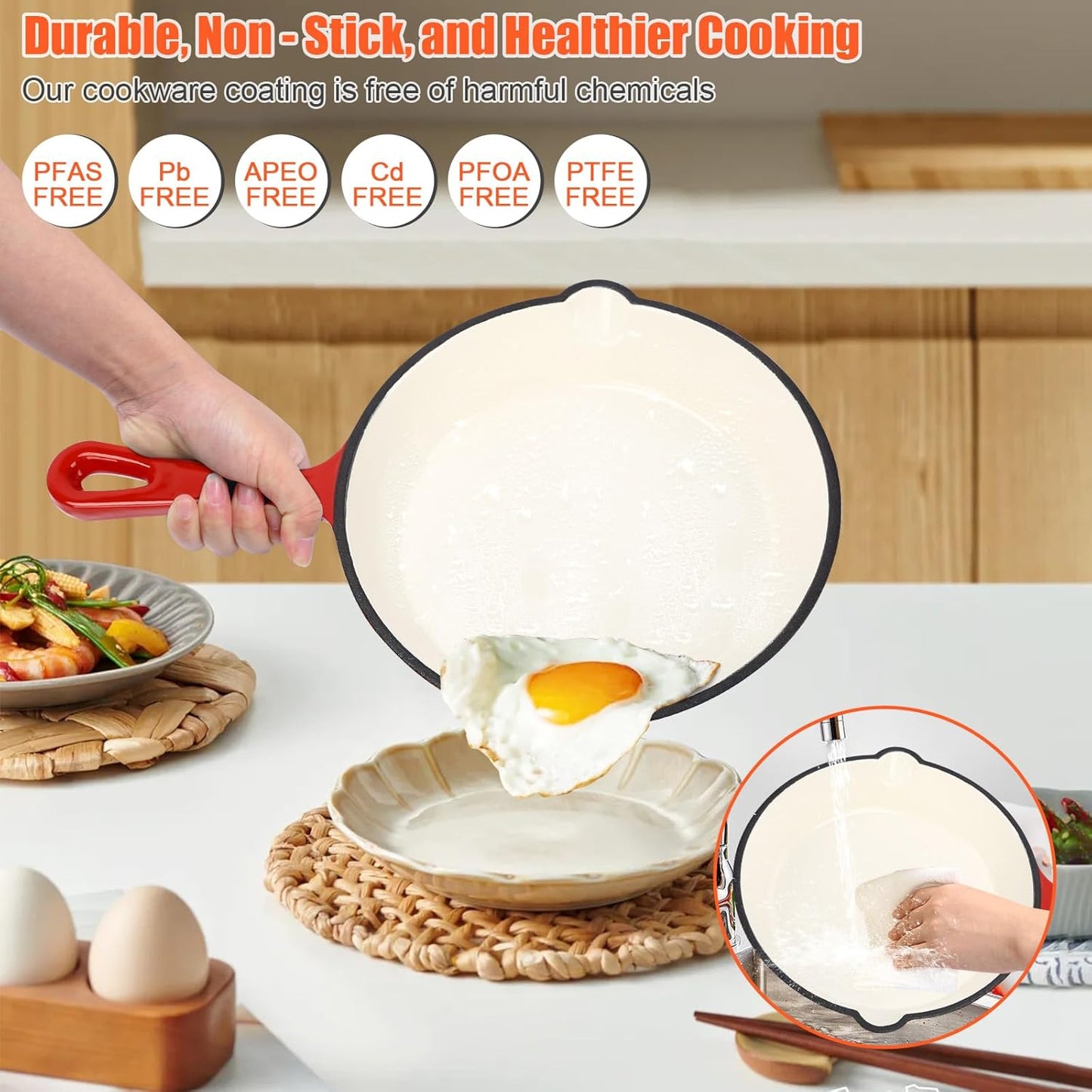 Nonstick Enameled Cast Iron Cookware Set, 8-Pcs Pots and Pans with Lid, Skillet, Frying Pan, Saucepan & Dutch Oven for All Stovetops, PFA Free - Ideal for Sourdough Bread Baking - Comes with Organizer
