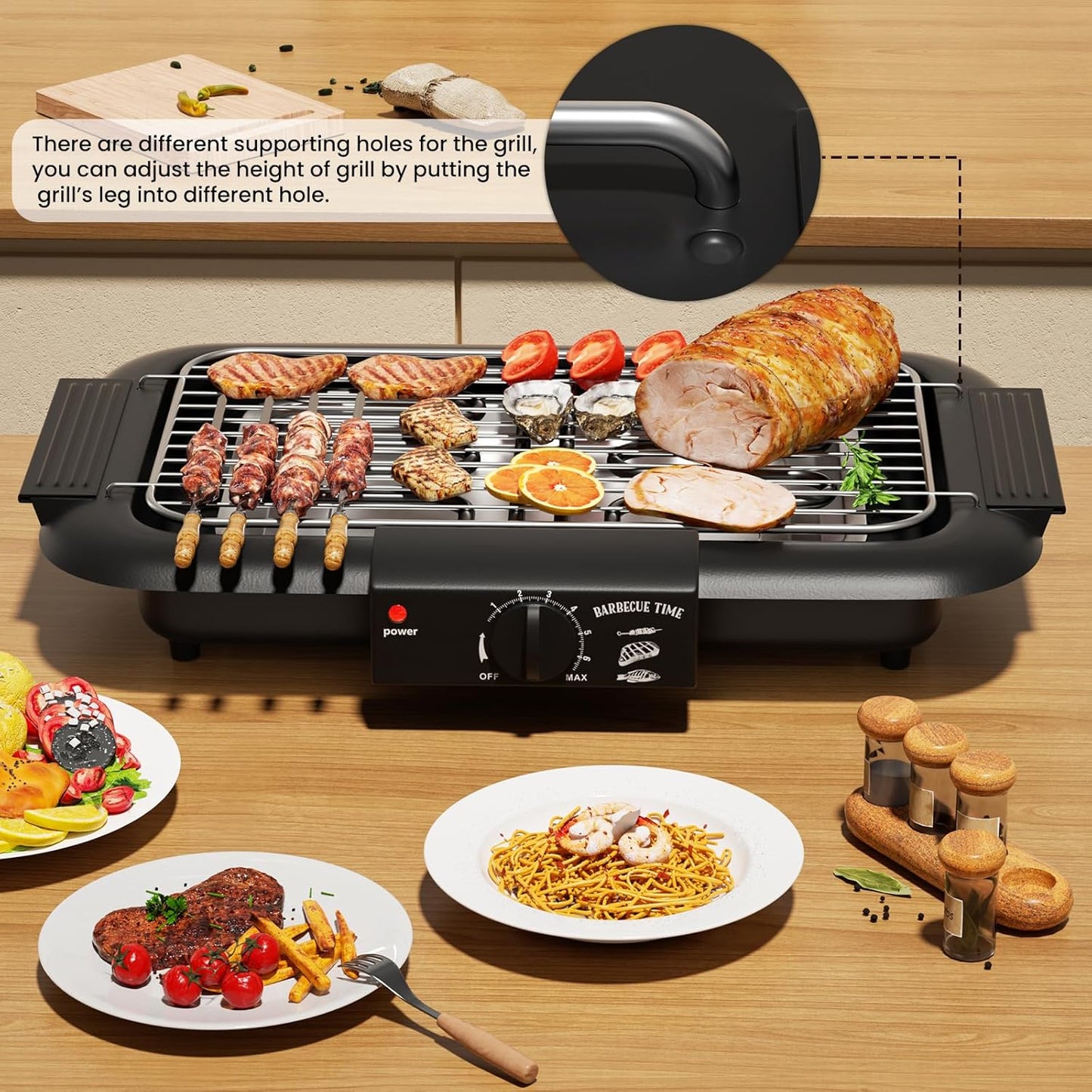 Electric BBQ Grill, Smokeless Non-Stick Indoor/Outdoor Barbecue Grill, 2000W Double Tube High Power Portable Removable Stand Grill for BBQ Party (Elegant Black)