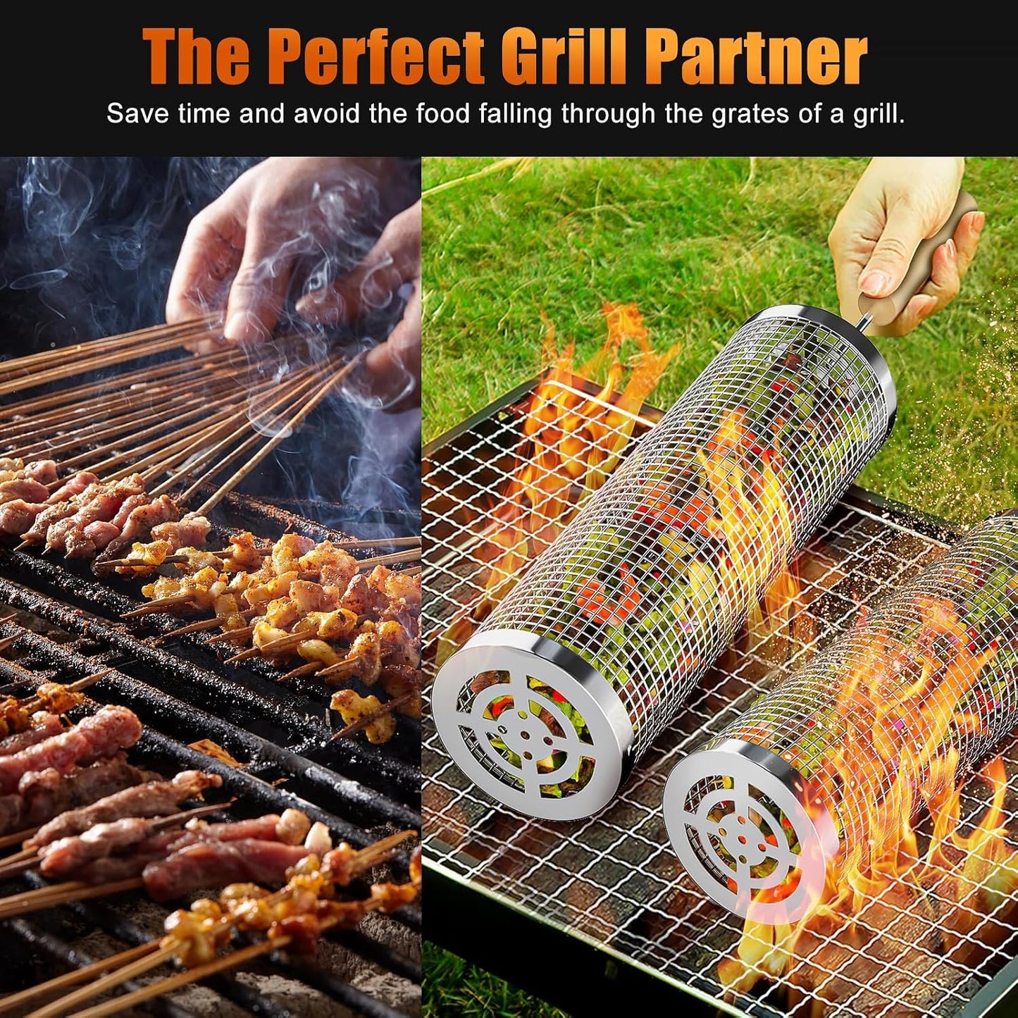Rolling Grilling Baskets for Outdoor Grill, 2 Pcs BBQ Grill Basket, Stainless Steel Barbeque Grill Accessories Set, Camping Picnic Cooking Tools for Vegetable/Shrimp/Chicken, Gifts for Men Dad Husband