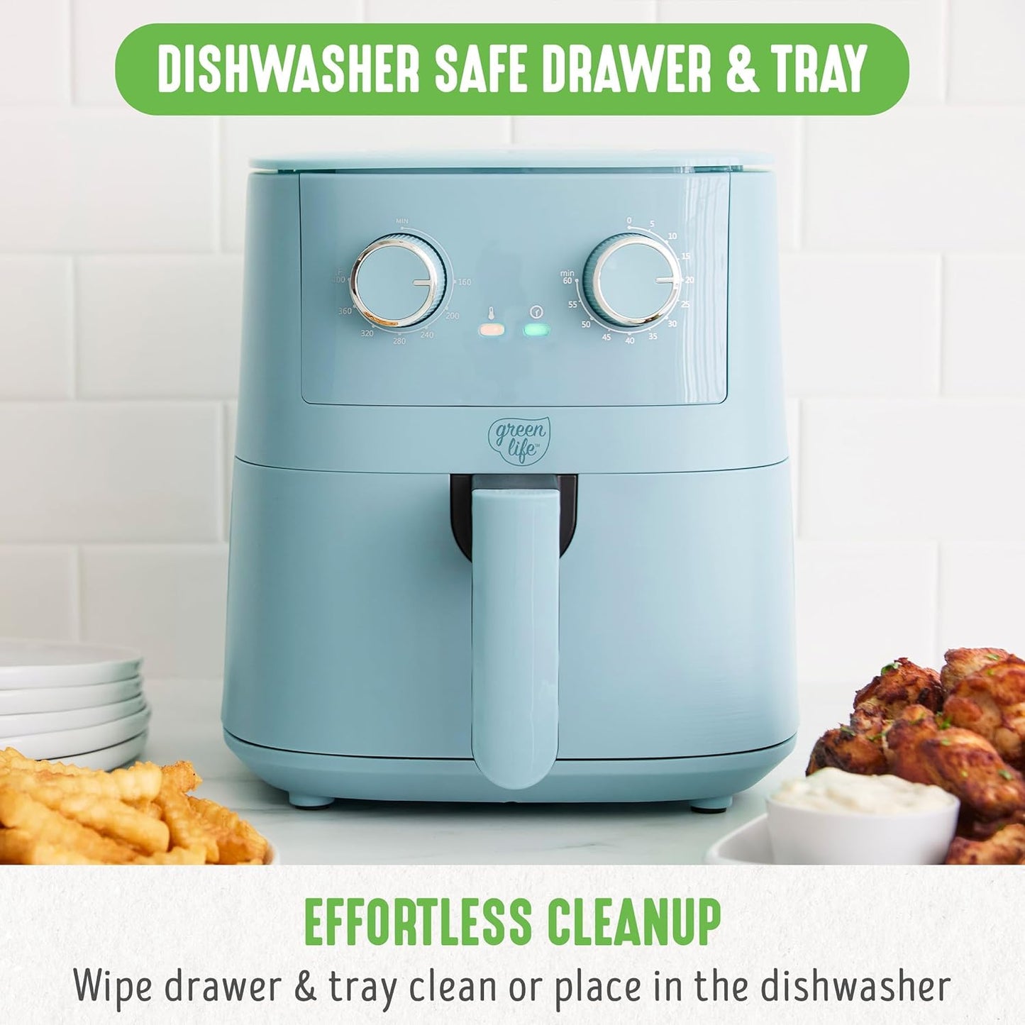 Greenlife 4.5QT Mechanical Air Fryer, Pfas-Free Ceramic Nonstick Crisper Drawer, Adjustable Temperature Timer Dial, LED Indicator, Holiday Gifting, Dishwasher Safe, Kitchen Essential, Blue Haze