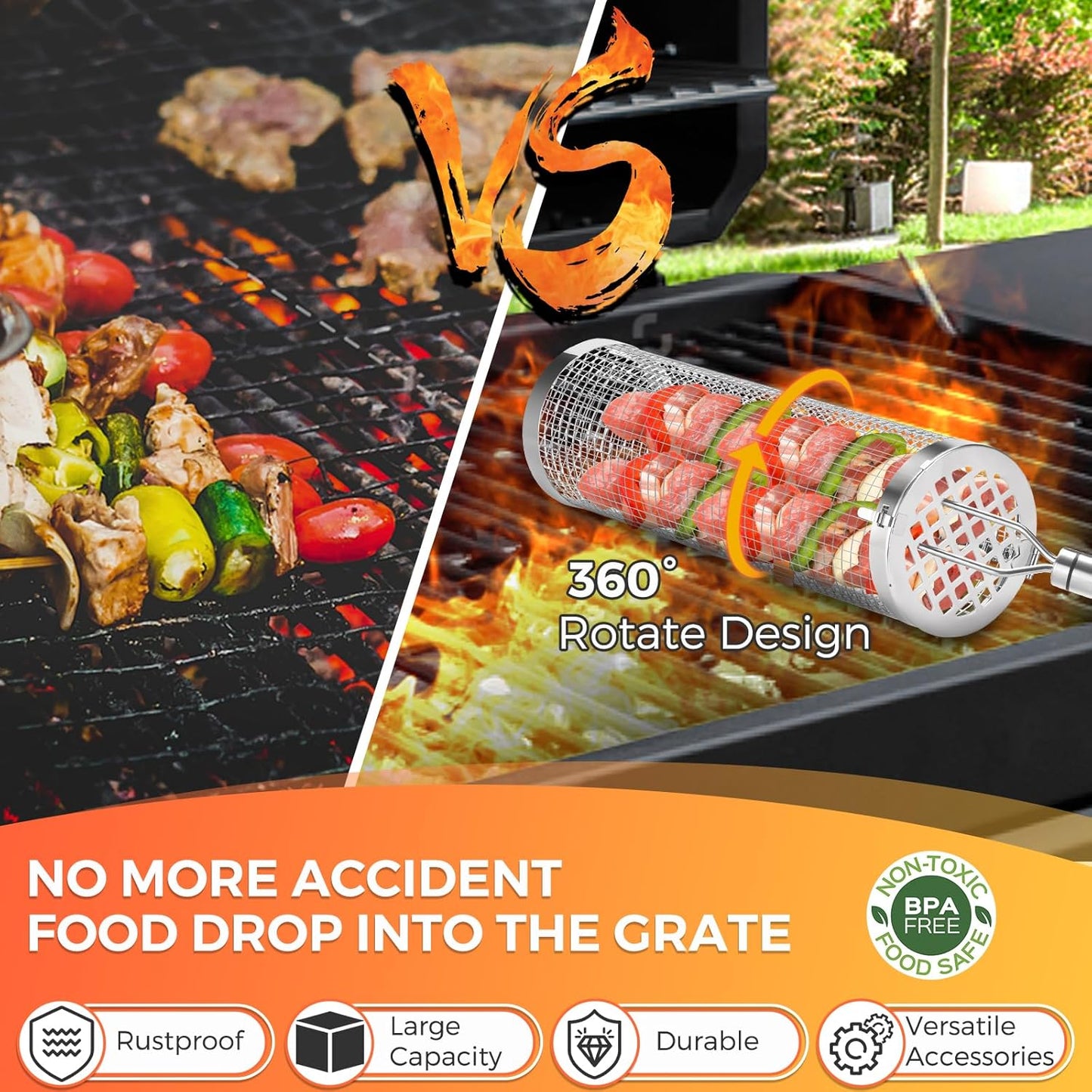 Rolling Grilling Basket, 2 PCS BBQ Grill Basket, Stainless Steel Grill Mesh with Grilling Accessories, Portable Outdoor Camping BBQ Grill Nets Cylinder for Fish, Shrimp, Vegetables, Meat