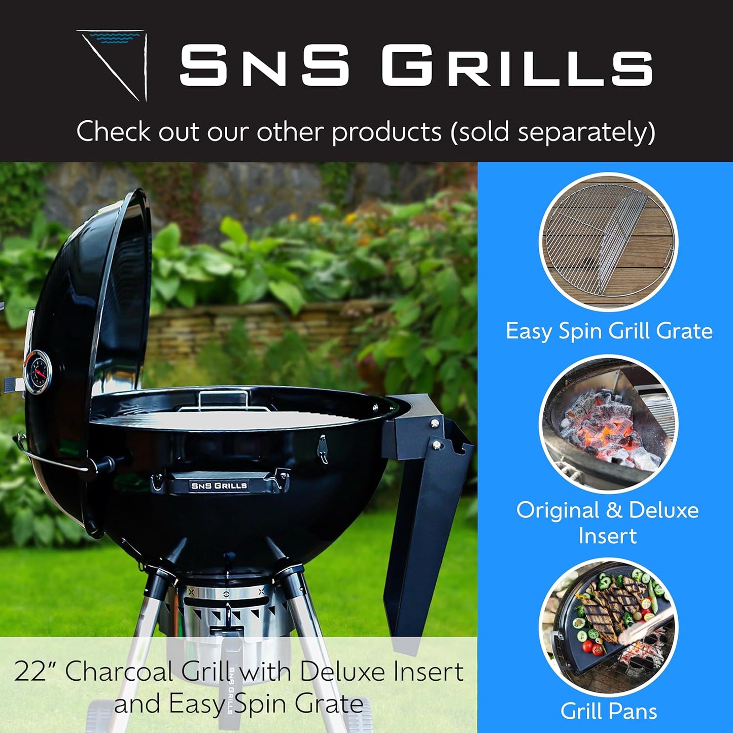 Sns Grills Slow ‘N Sear Charcoal Inserts for Low ‘N Slow & High-Heat Cooking - Patented Stainless Steel Accessories for Kettle Grills - Charcoal Basket 18"