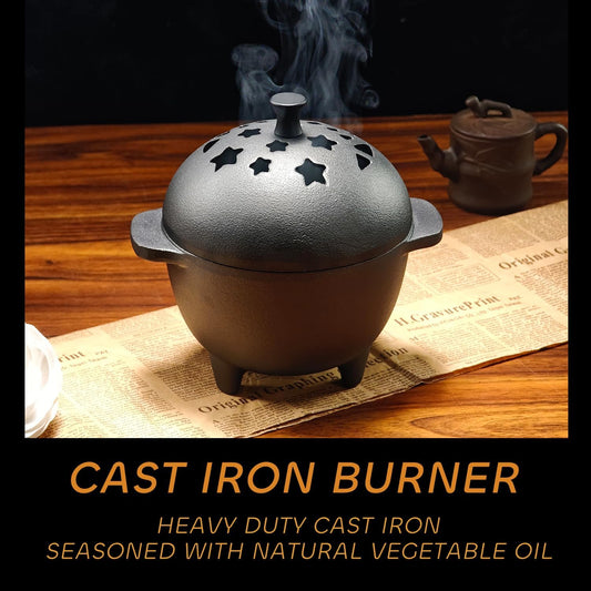Cast Iron Incense Burner - Cast Iron Incense Holder Mini Cauldron for Sage, Palo Santo, Resin, Charcoal & Japanese Incense | Home, Rituals & Meditation Censer Bowl