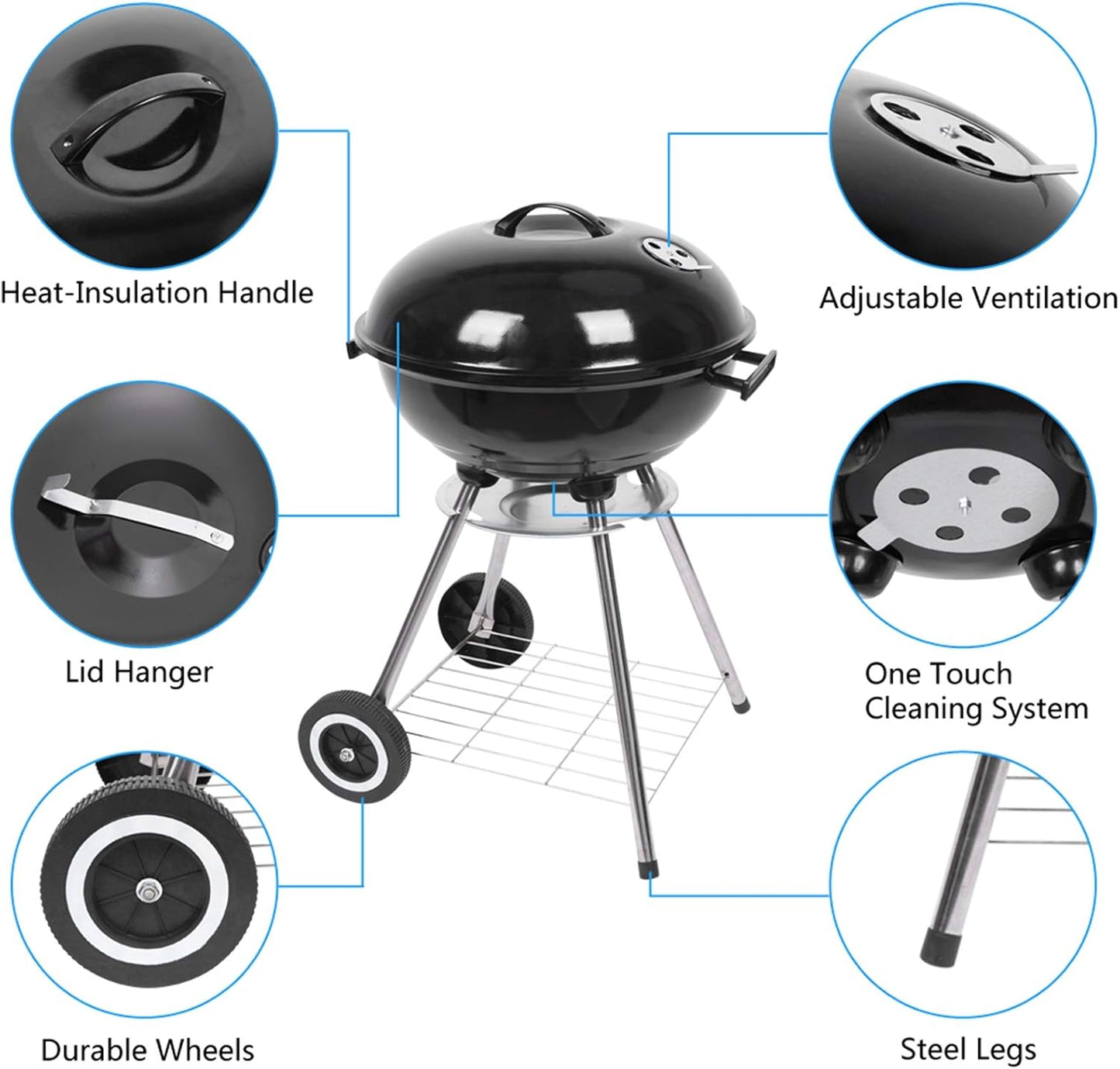 18“ Charcoal Grill with Wheels for Outdoor Cooking Barbecue Camping BBQ Coal Kettle Grill Tailgating Portable Heavy Duty round with Thickened Grilling Bowl Wheels, Black
