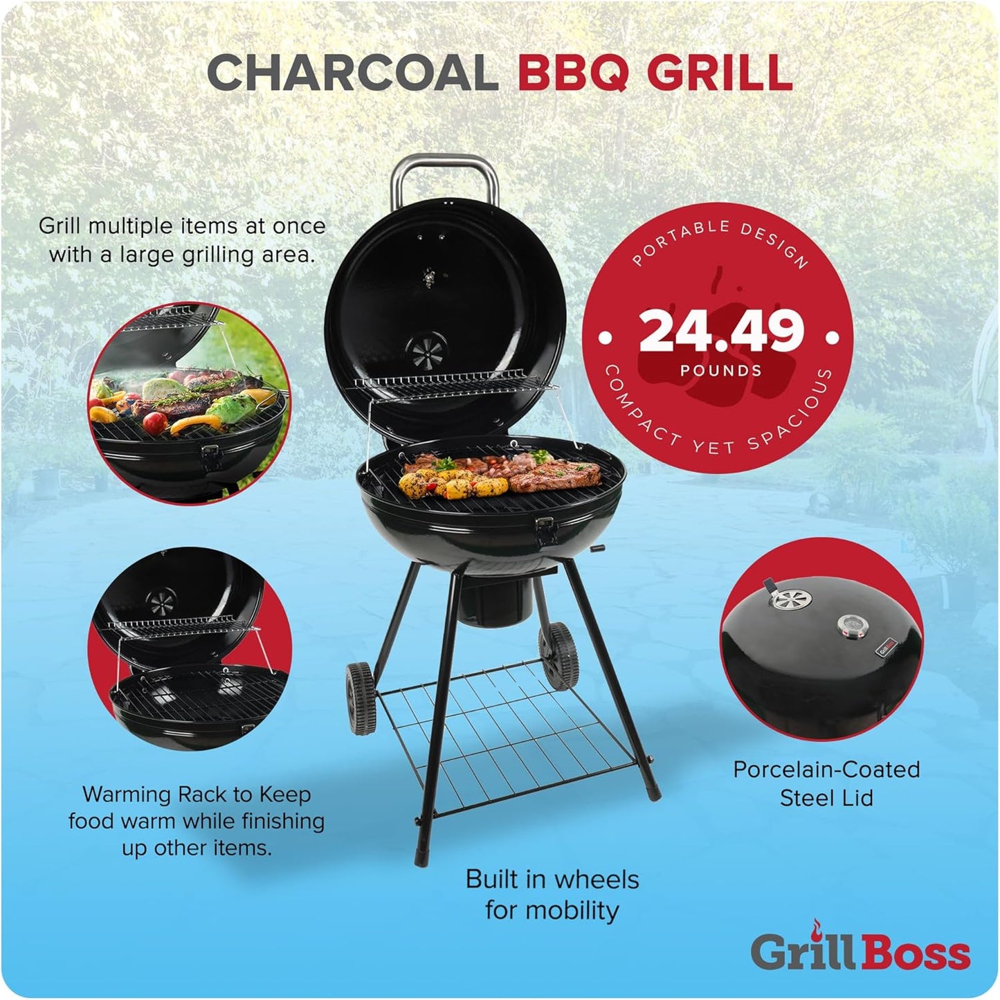 Grill Boss 22 Inch Kettle Charcoal Grill, Porcelain Steel Lid, Large Cooking Area, Black