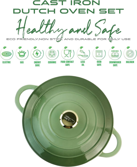 Healthy and Safe, Non-Stick Enameled 7-PCS SET of Cast Iron Dutch Oven Cookwares. Set Includes: 24Cm Dutch Oven Fry Pan, 18Cm, 21Cm, 24Cm Dutch Oven Cookwares with Lids, Gloves and Mills.