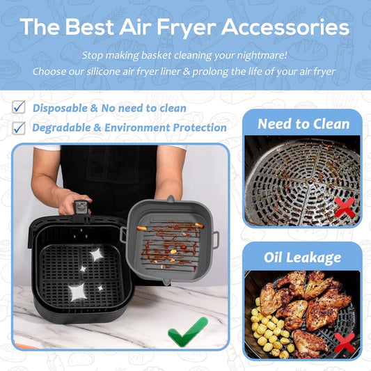 Silicone Air Fryer Liners Square - Reusable Airfryer Collapsible Basket - Easy to Clean Air Fryers Pot for 5.8 to 8 Qt Baking Tray Oven Accessories, 8.5 Inch Large