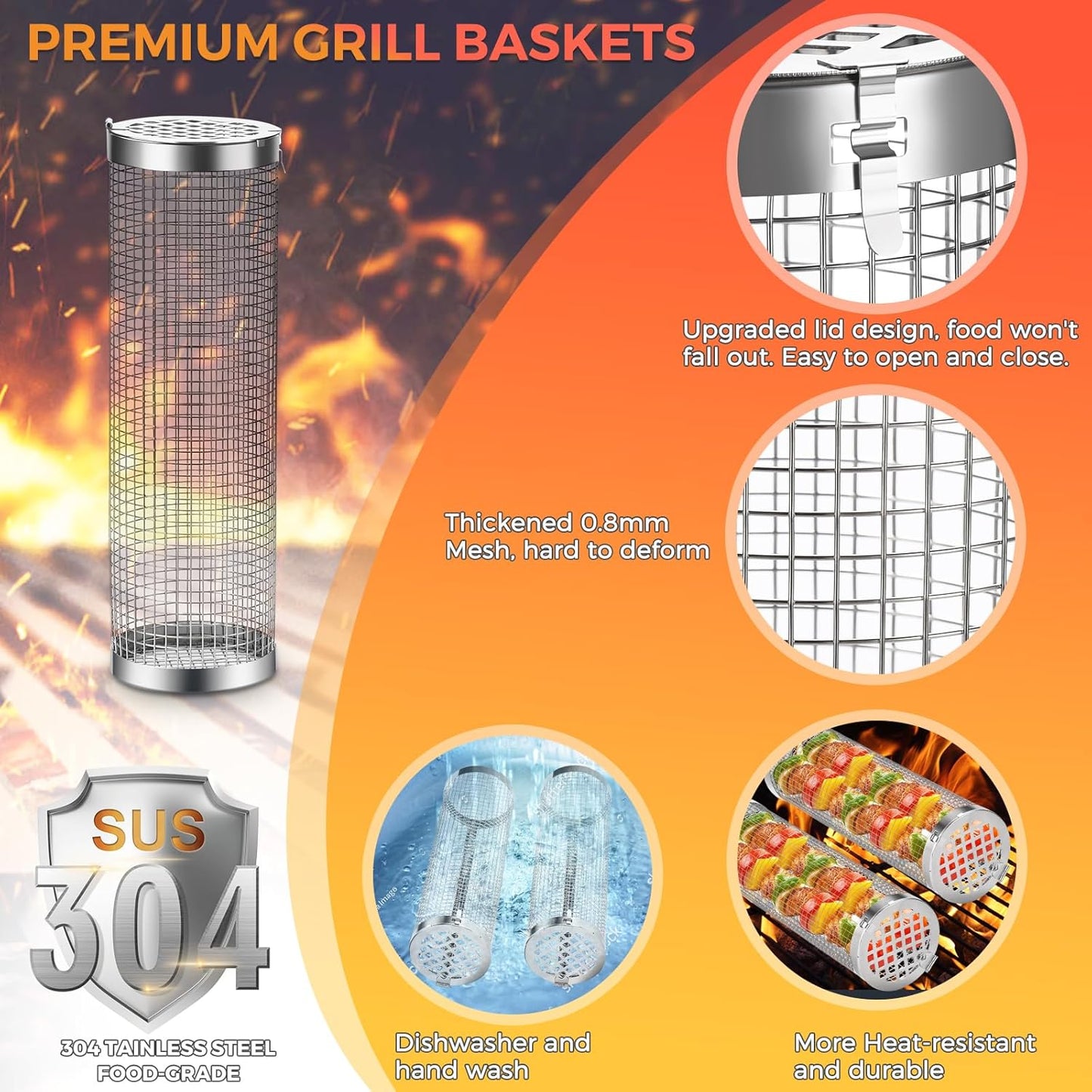 Rolling Grilling Basket, 2 PCS BBQ Grill Basket, Stainless Steel Grill Mesh with Grilling Accessories, Portable Outdoor Camping BBQ Grill Nets Cylinder for Fish, Shrimp, Vegetables, Meat