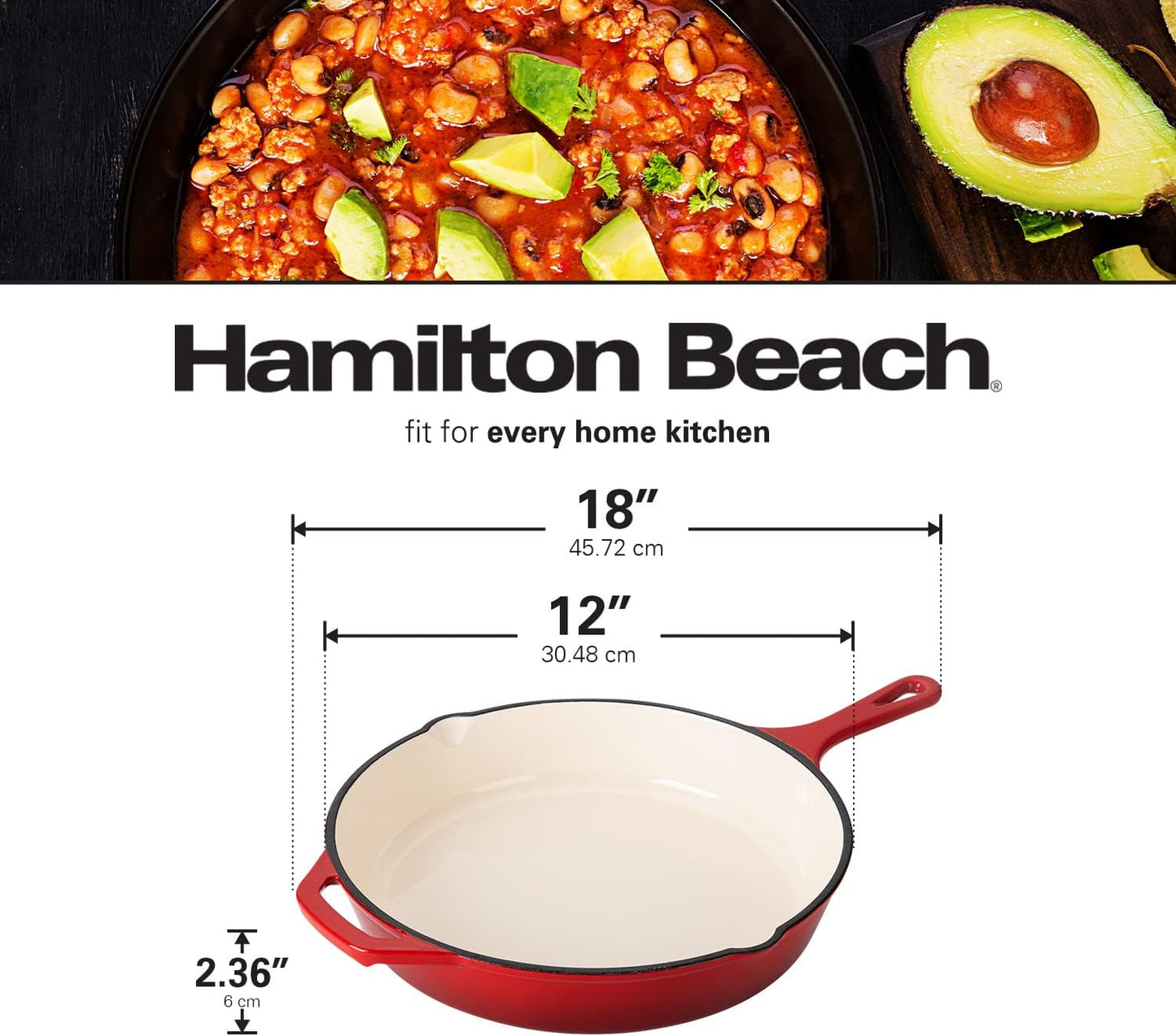 Hamilton Beach Enameled Cast Iron Fry Pan 12-Inch Red, Cream Enamel Coating, Skillet Pan for Stove Top and Oven