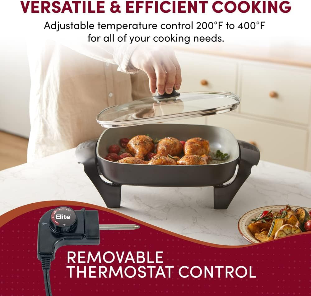 Elite Gourmet EG2212 12"X12"X2.15” Ceralast™ PFAS Free Ceramic Electric Skillet, Dishwasher Safe, Rapid Heat Up, 1200W, Dark Grey