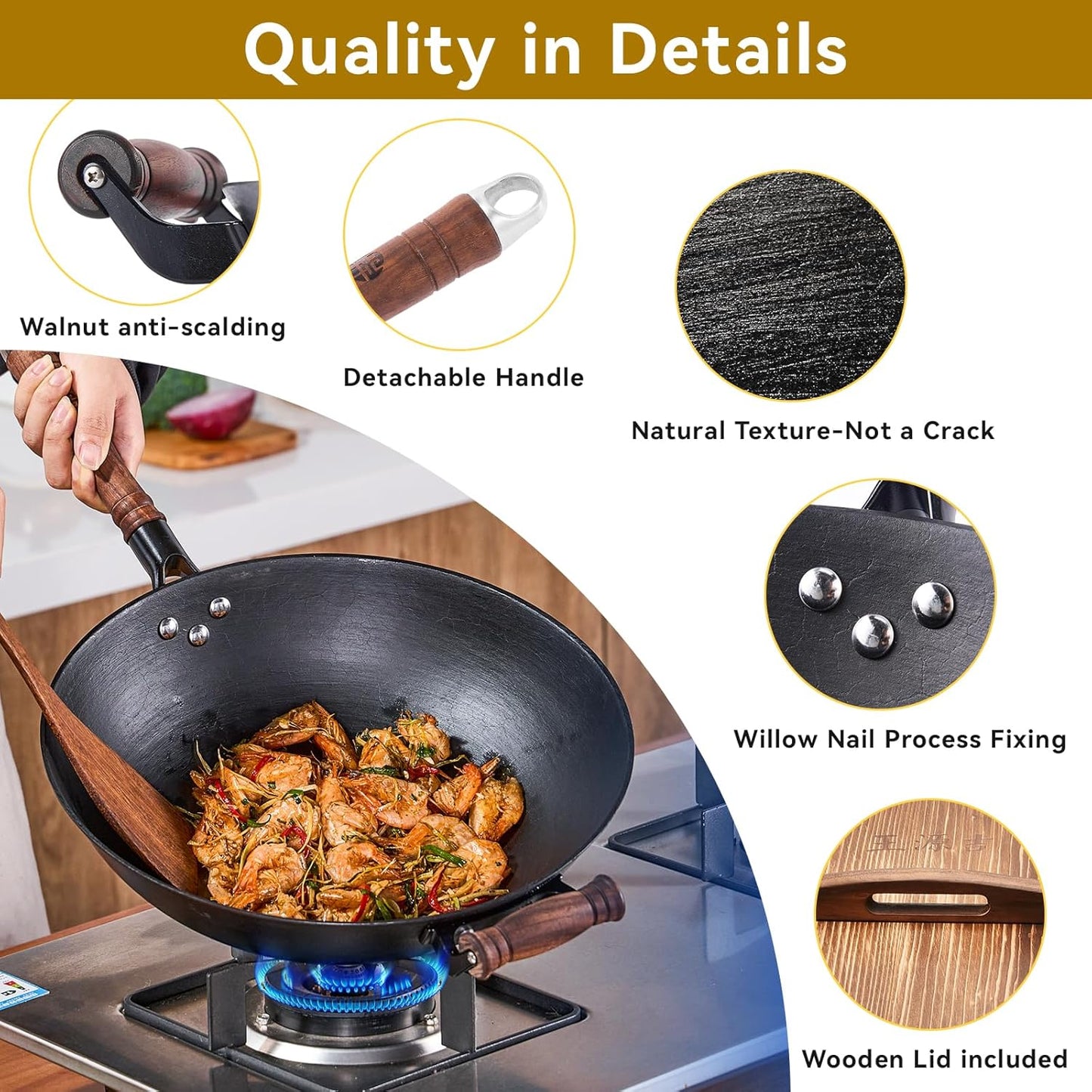 WANGYUANJI Cast Iron Wok Pan 14.2" Large Wok Stir Fry Pan Flat Bottom Wok with Lid and Wood Handle, Suitable for All Cooktops, Uncoated Craft Pot Healthy Cooking Pot