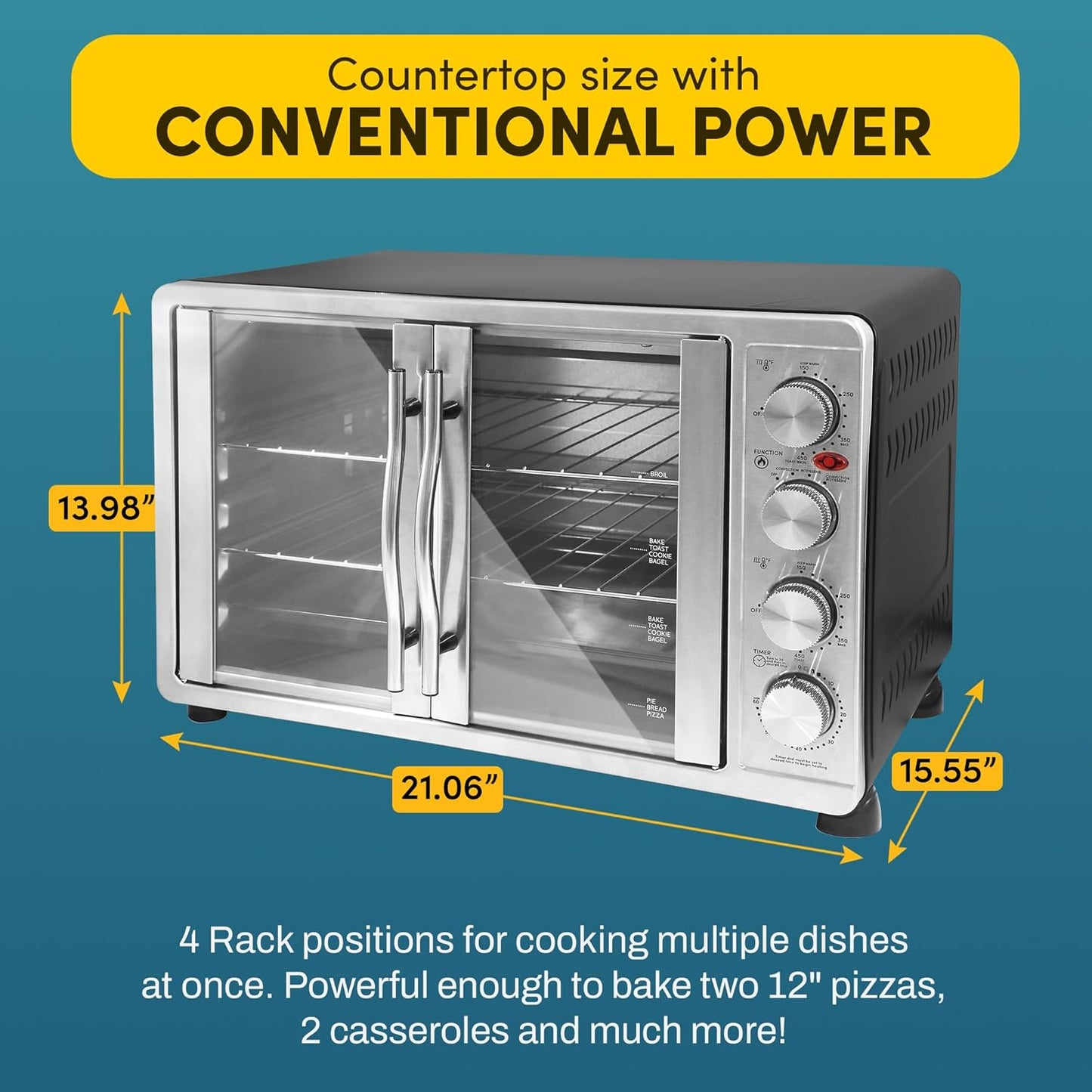 Elite Gourmet ETO-4510M French Door 47.5Qt, 18-Slice Convection Oven 4-Control Knobs, Bake Broil Toast Rotisserie Keep Warm, Includes 2 X 12" Pizza Racks, Stainless Steel