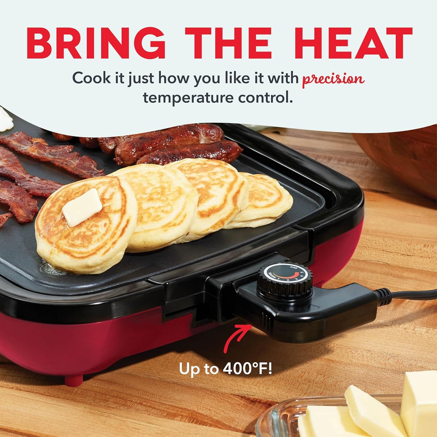 DASH Deluxe Everyday Electric Griddle with Dishwasher Safe Removable Nonstick Cooking Plate for Pancakes, Burgers, Eggs and More, Includes Drip Tray + Recipe Book, 20” X 10.5”, 1500-Watt - Red