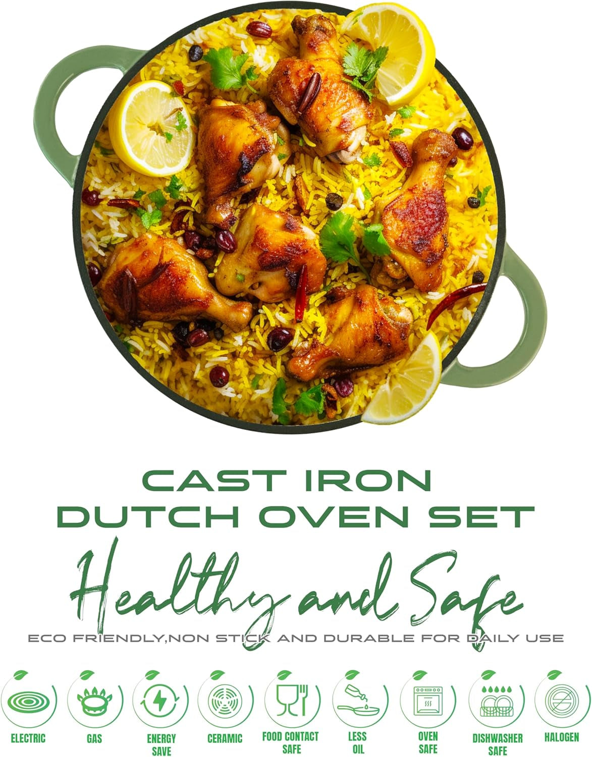 Healthy and Safe, Non-Stick Enameled 7-PCS SET of Cast Iron Dutch Oven Cookwares. Set Includes: 24Cm Dutch Oven Fry Pan, 18Cm, 21Cm, 24Cm Dutch Oven Cookwares with Lids, Gloves and Mills.