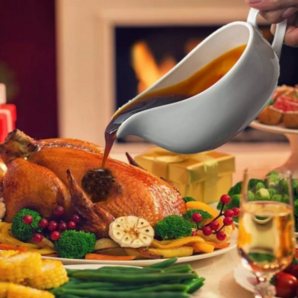 Qlans Gravy Boat with Ladle and Saucer 17 Oz,Ceramic Sauce Boat with Tray for Salad Dressings Milk,Warming Sauces,Creamer,Broth,Black Pepper,White (1 PCS New Gravy Boat with Ladle and Saucer)