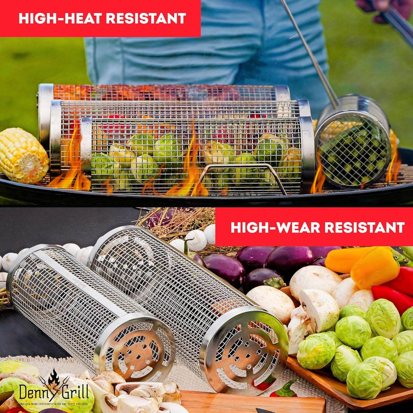 Baskets for Outdoor (2PCS, 2024 Upgraded) - Rolling Grilling Barbecue 360 ​​Cylinder Accessories for Cooking Vegetables Fish Meat BBQ Outdoor - 304 Stainless Steel Basket Cool Thing for Gift for Men and Camping
