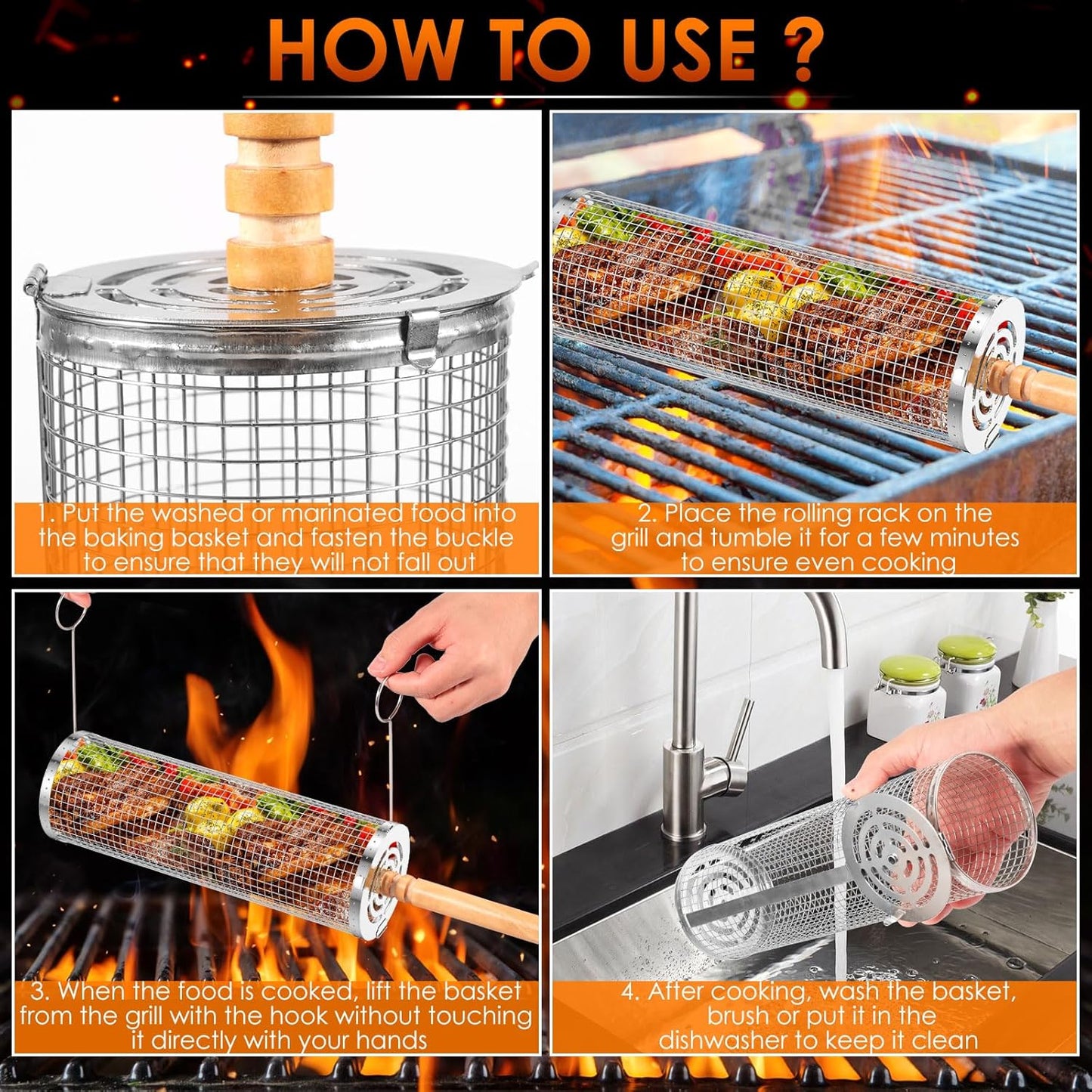 Rolling Grill Baskets for Outdoor Grill, Nesting Grill Baskets with Wood Handle Stainless Tube round Rolling Grill Net Rolling Basket for BBQ Cooking Camping