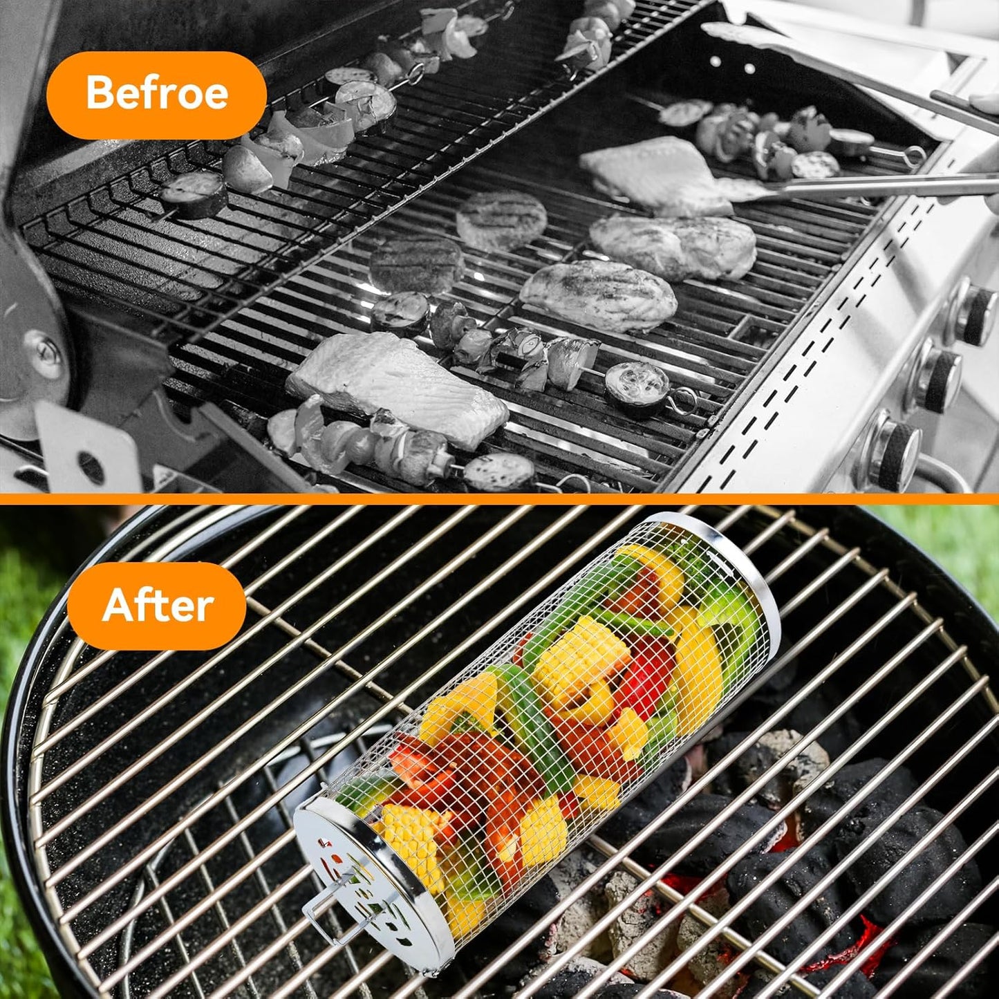 Rolling Grill Baskets for Outdoor,2 PCS BBQ Grilling Basket with Removable Wooden Handle, 5" and 3"Diameter 304 Stainless Steel BBQ Net for Vegetables Seafood Meat, Camping Birthday Gifts for Men Dad Husband