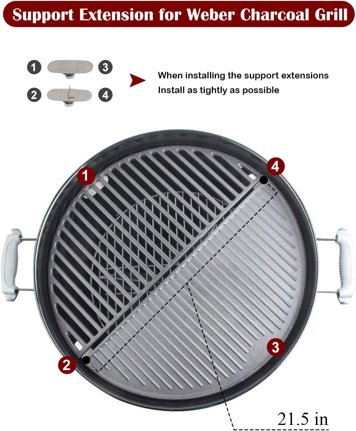 Kamaster 22" Half Moon Cast Iron Cooking Grate Grill Accessory Replaces for Weber Charcoal Grill Half Moon Grate+Griddle+4 Support Extension,Cooking Grate for Weber 22