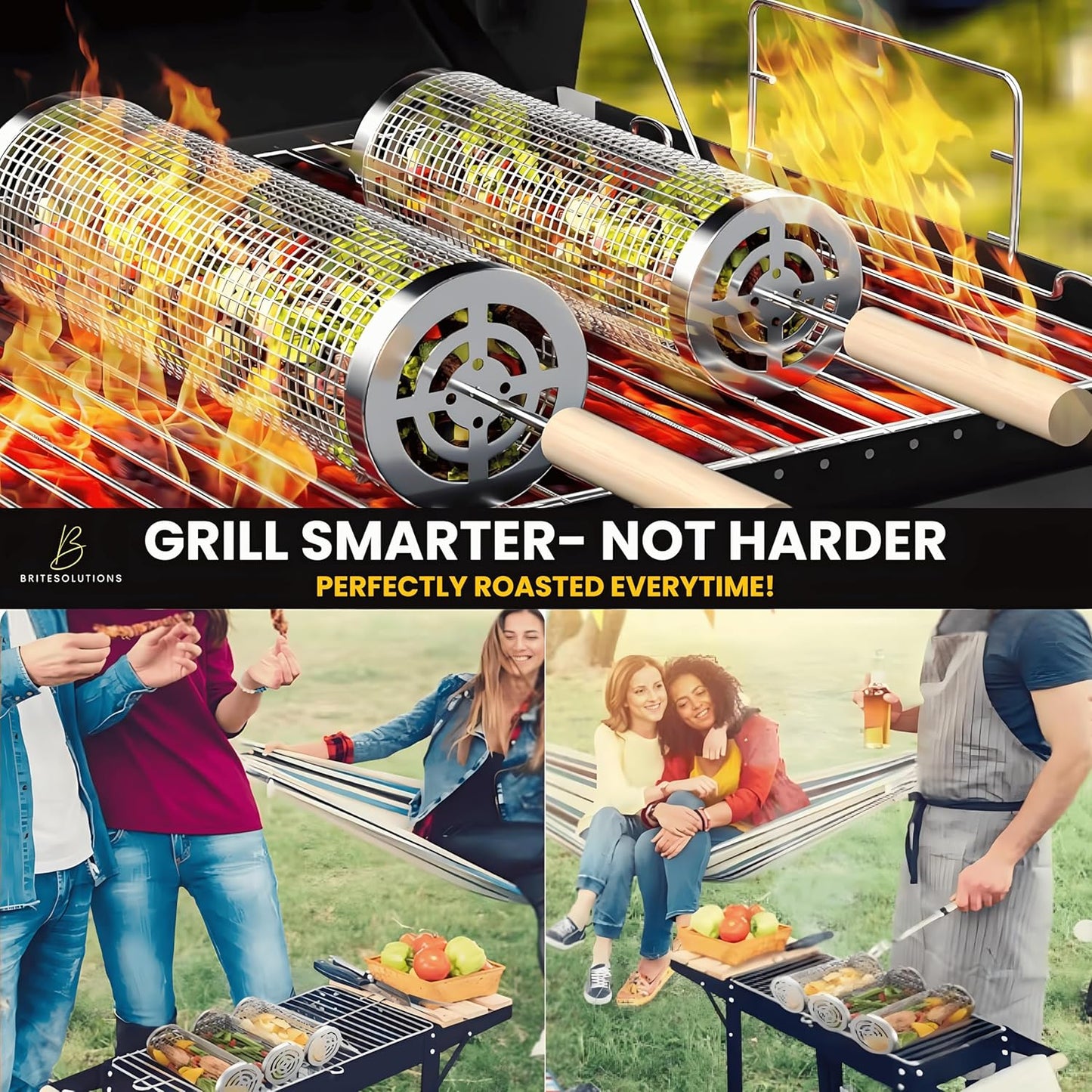 Lockable Nesting Grill Baskets for Outdoor Grill(2Pcs) - Detachable Handle - Hinge Lock Lid - Heavy Duty Stainless Steel Rolling Grilling Basket - Vegetable Grill Basket - Perfect BBQ Gift & Accessory