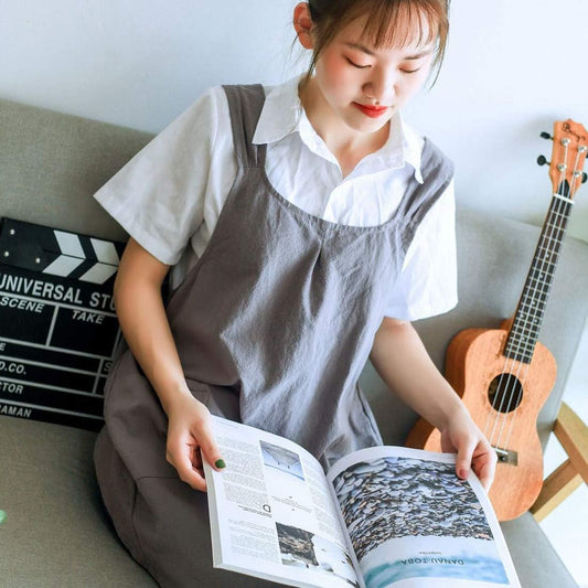 NEWGEM Japanese Linen Cross Back Kitchen Cooking Aprons for Women with Pockets Cute for Baking Painting Gardening Cleaning Gray