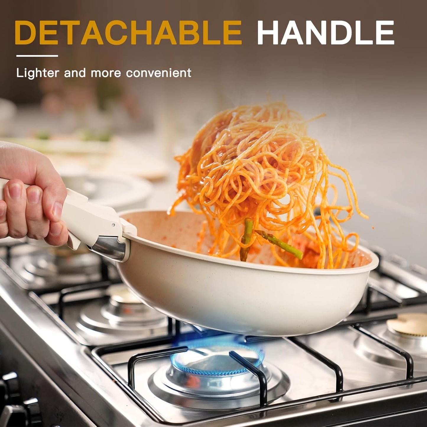 Astercook 21 Pcs Pots and Pans Set Non Stick, Ceramic Cookware Set Detachable Handle, RV Kitchen Cooking Set Removable Handles, Oven Safe, Induction Ready, Stackable Non-Stick Set, Cream White