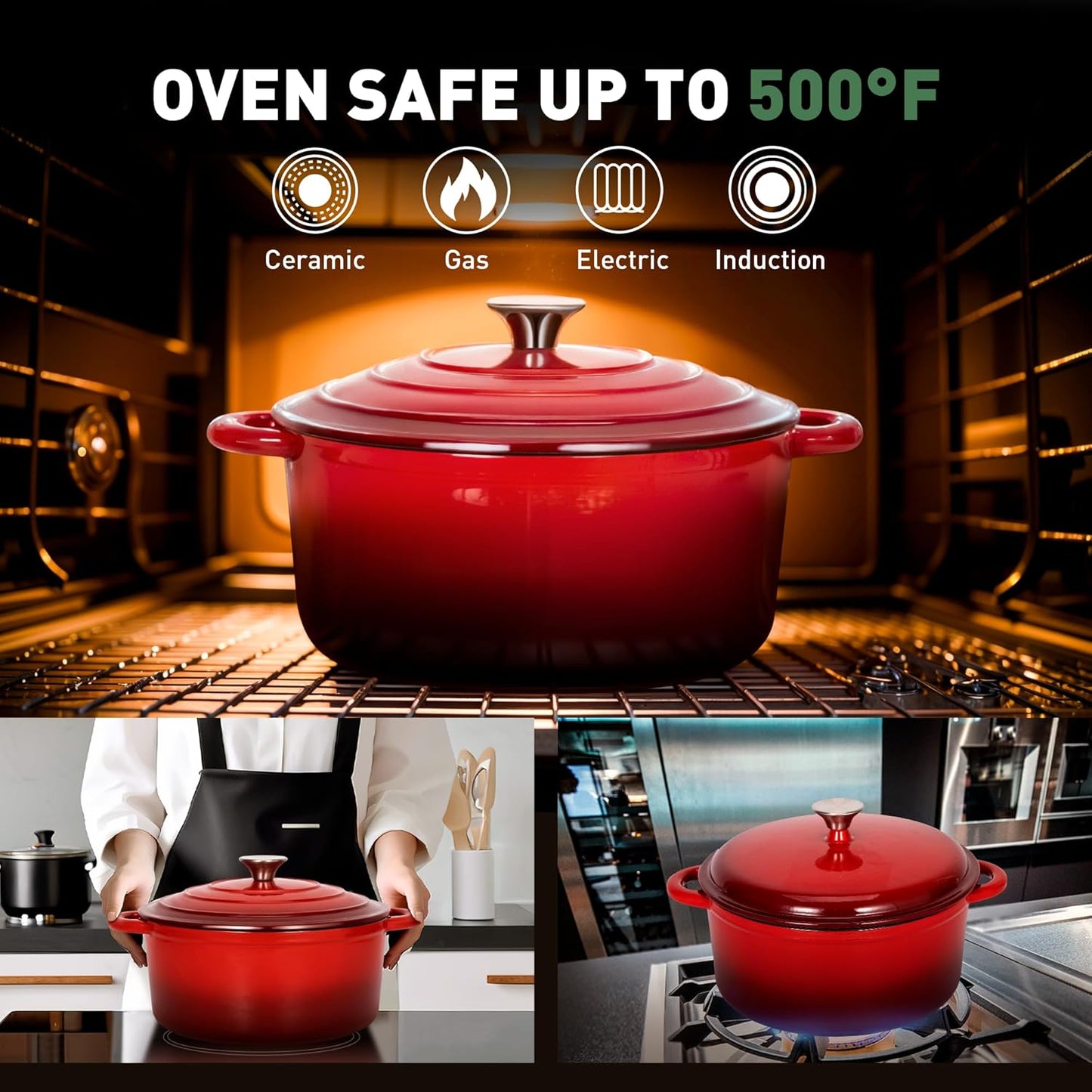 Kitchen Academy Enameled Cast Iron Cookware Set - 7 Piece Pots and Pans Set Nonstick - Skillet, Deep Frying Pan, Wok,Saucepan and Dutch Oven, Heavy Duty Oven Safe up to 500° F or on All Stovetop