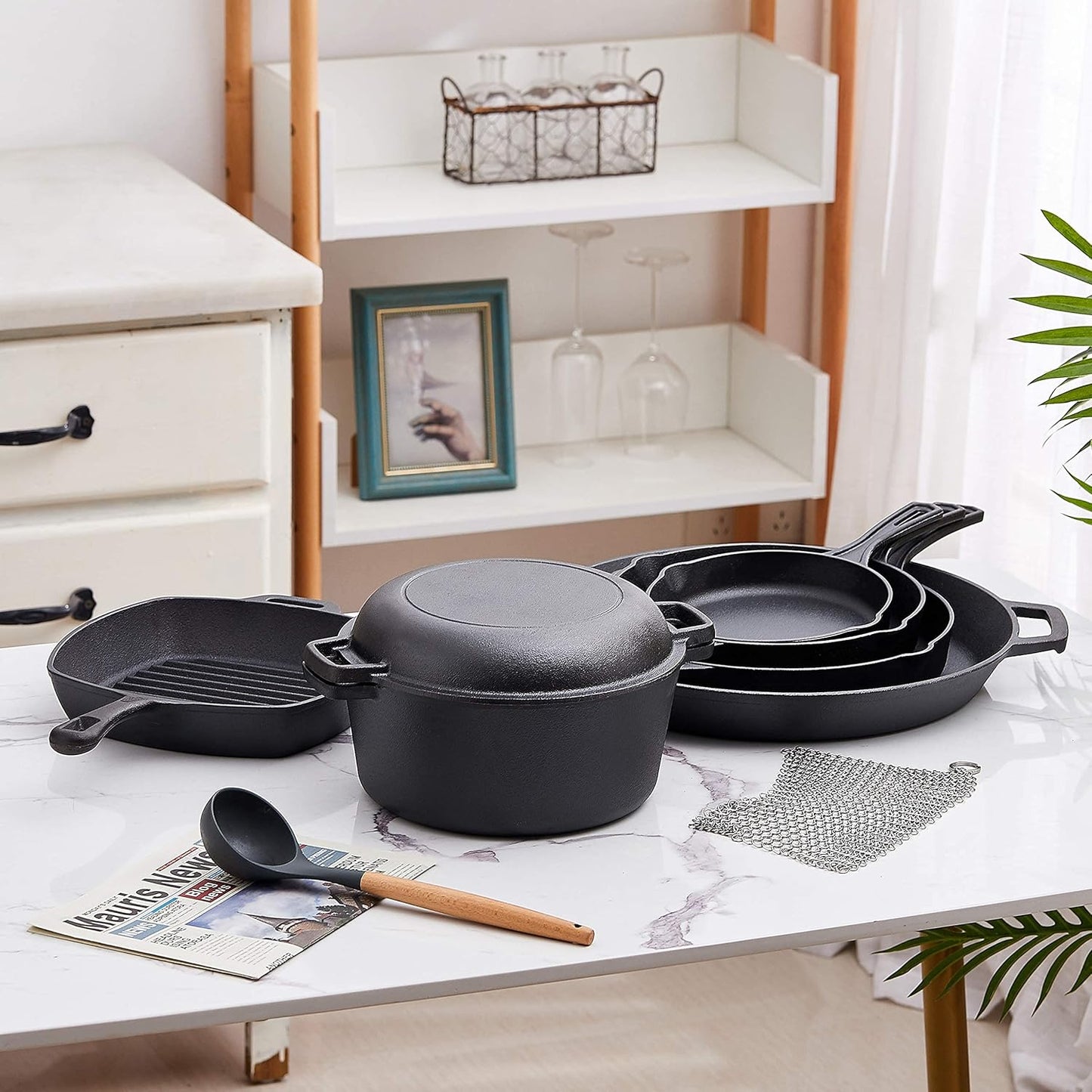 Bruntmor Pre-Seasoned Cast Iron Cookware Set - 8-Piece Bundle with Skillets, Grill Pan, Dutch Oven, Pizza Pan, and Utensils - Durable Pots and Pans Set for Cooking - Ideal Gift for Home or Camping