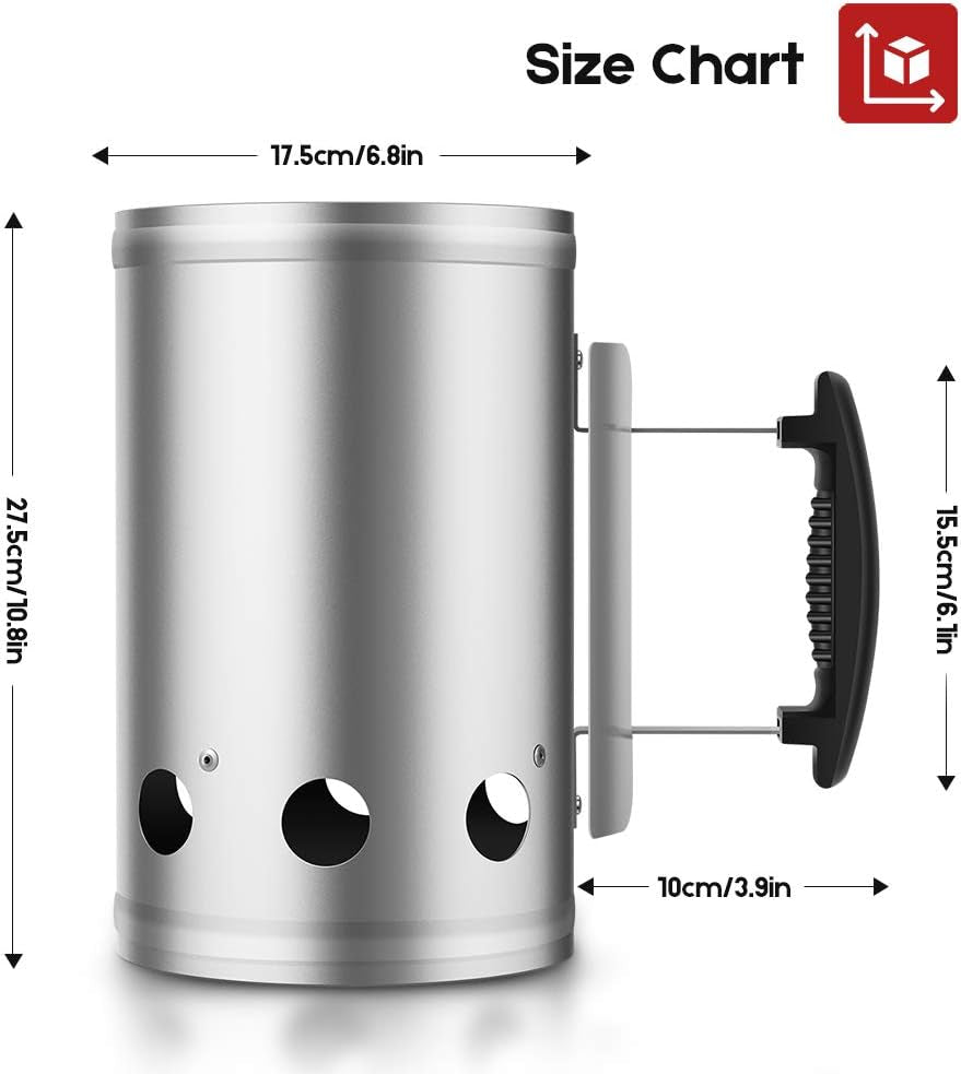 BEAU JARDIN BBQ Charcoal Chimney Starter 11"X7" Heavy Duty for Charcoal Grills Lighter Coal Fire Starter Barbecue Galvanized Steel Quick Rapid Compact Outdoor Cooking BBQ Tools Accessories Silver