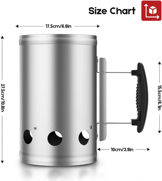 BEAU JARDIN BBQ Charcoal Chimney Starter 11"X7" Heavy Duty for Charcoal Grills Lighter Coal Fire Starter Barbecue Galvanized Steel Quick Rapid Compact Outdoor Cooking BBQ Tools Accessories Silver