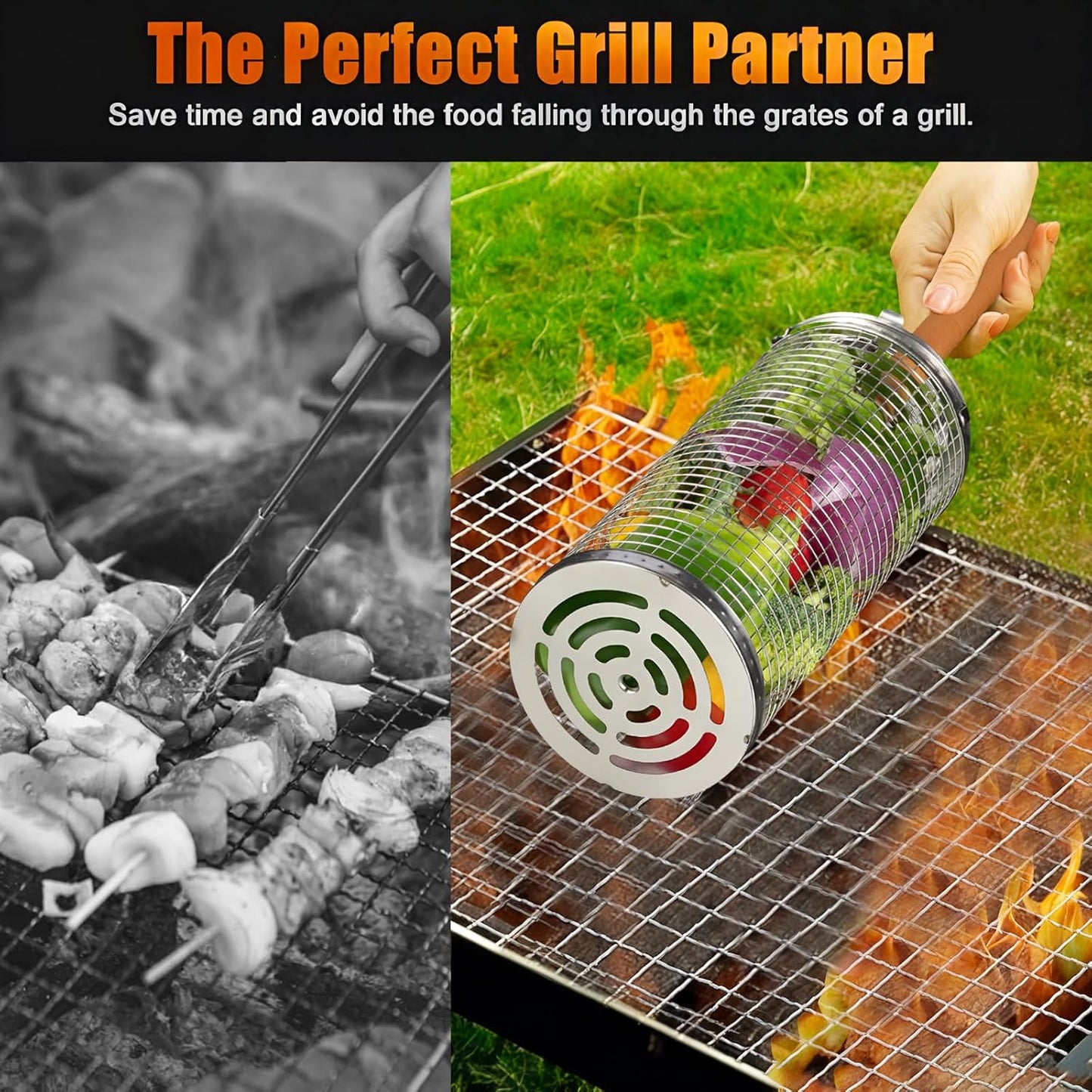 Grill Basket, Stainless Steel Grilling Accessories,Rolling Grill Baskets for Outdoor Grill with Wooden Handle, Practical Grilling Gifts for Men,Bbq Accessories Tool for Vegetable Shrimp, Outdoor Cooking Camping, Birthday Gifts for Men Dad Husband