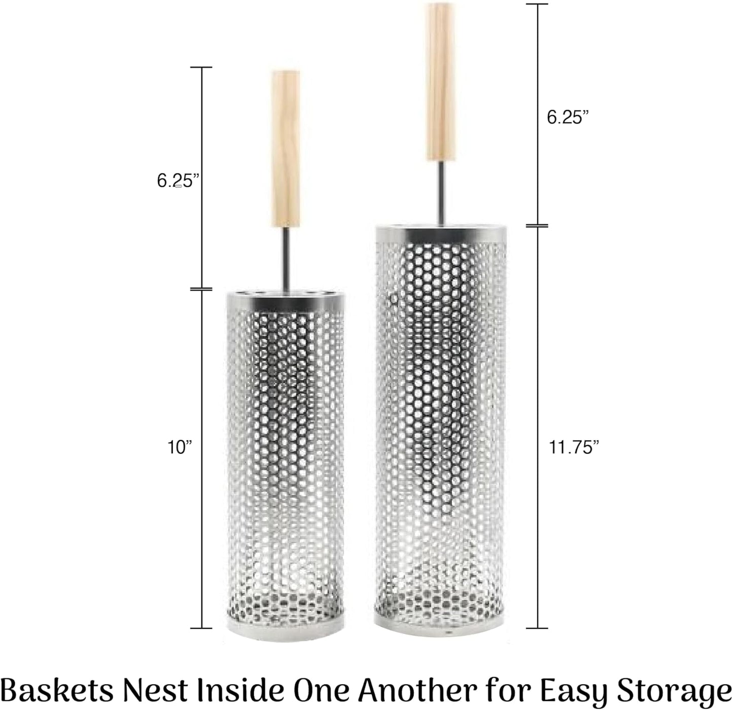 2Pcs Large Nesting Rolling Grill Baskets for Outdoor Grill, USA Based, Commercial Grade, 304 Stainless Steel BBQ round Grilling Baskets with Wood Handles Set with Oil Pourer/Brush and Grill Glove
