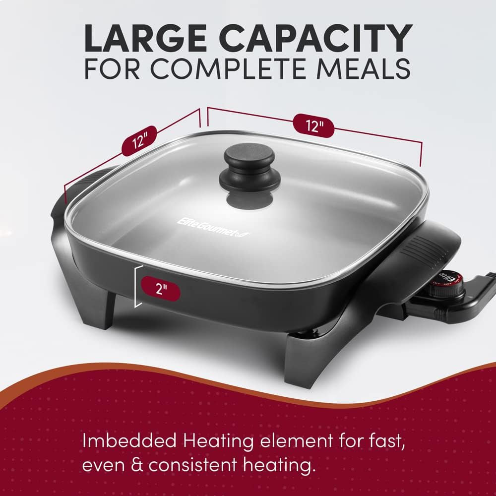 Elite Gourmet EG2212 12"X12"X2.15” Ceralast™ PFAS Free Ceramic Electric Skillet, Dishwasher Safe, Rapid Heat Up, 1200W, Dark Grey
