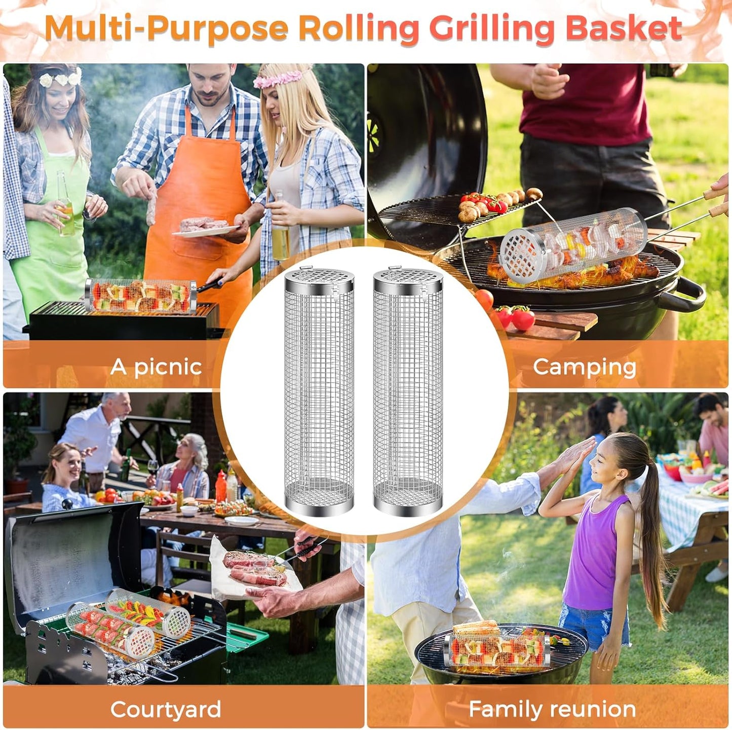 Rolling Grilling Basket, 2 PCS BBQ Grill Basket, Stainless Steel Grill Mesh with Grilling Accessories, Portable Outdoor Camping BBQ Grill Nets Cylinder for Fish, Shrimp, Vegetables, Meat
