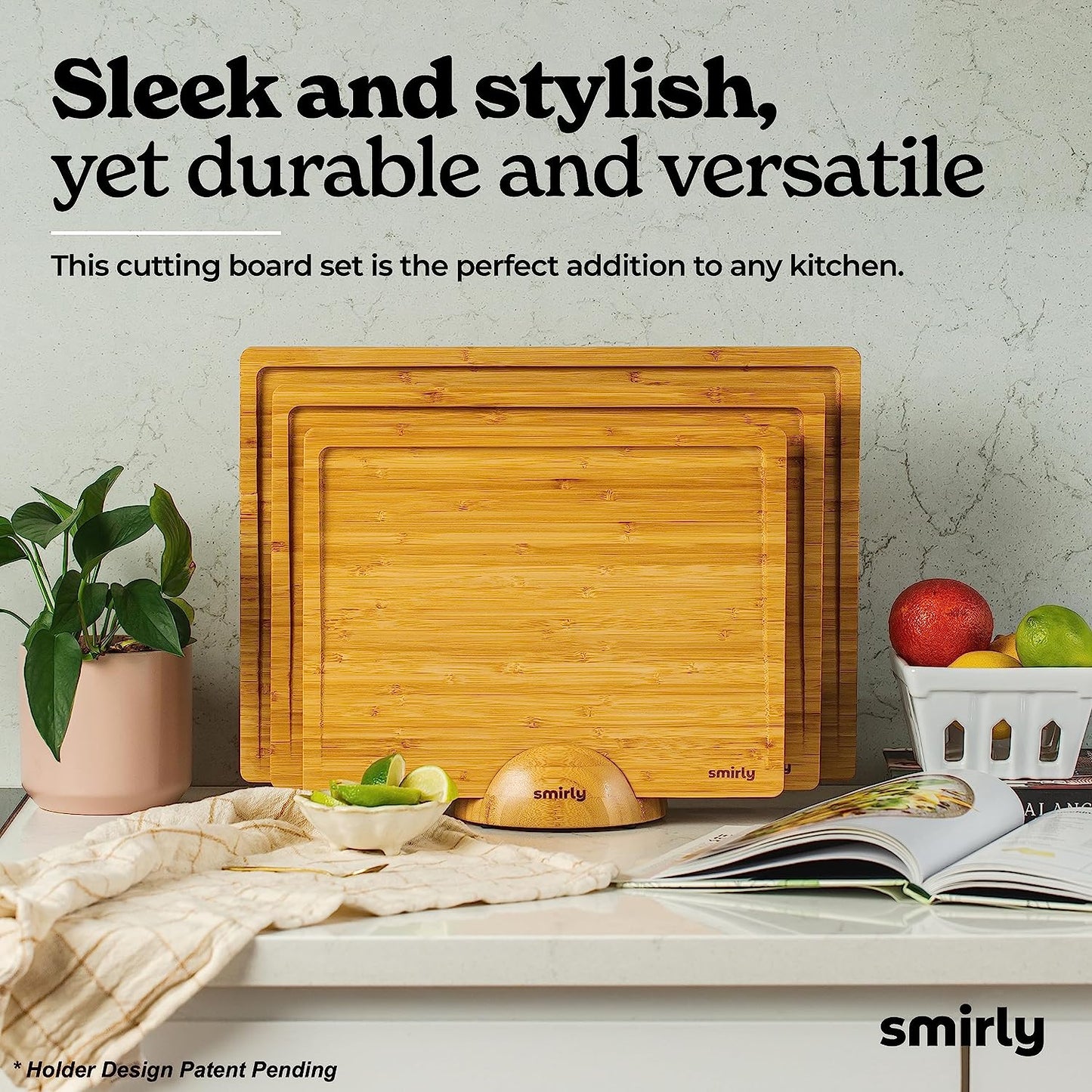SMIRLY Wooden Cutting Boards for Kitchen Meal Prep & Serving - Bamboo Cutting Board Set with Holder, Charcuterie & Chopping Board, Wood Cutting Board Set, Kitchen Gadgets