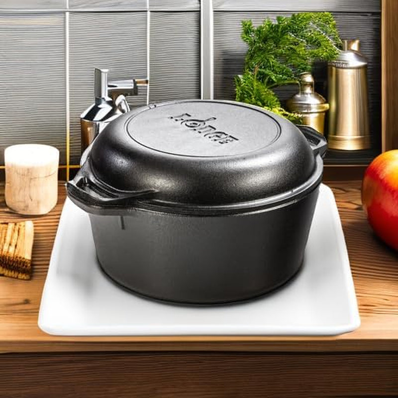 Lodge 5 Quart Cast Iron Double Dutch Oven – Pre-Seasoned – Lid Converts to 10.25" Skillet – Pfas-Free – Made in USA – Dual Handles – Oven, Grill, Campfire & Stovetop Safe – Durable & Non-Toxic